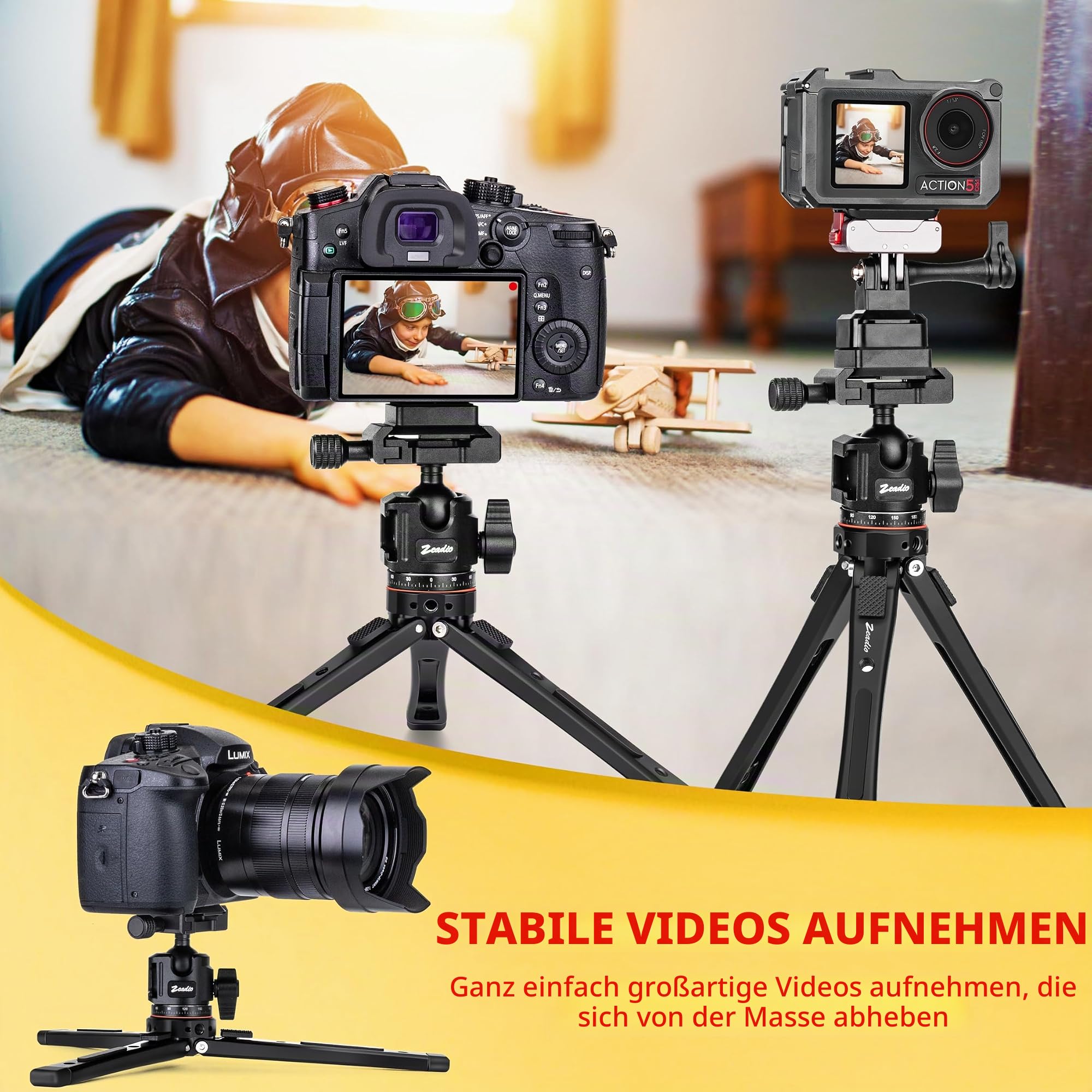 Zeadio 3-in-1 Schweres Metallstativ mit Arca-Kugelkopf, Halterung für Handy & Actionkamera-Adapter – Universelles Vlogging-Tripod-Set für Smartphone, Kamera, Gimbal, Actionkamera, Reise-Vlogging usw