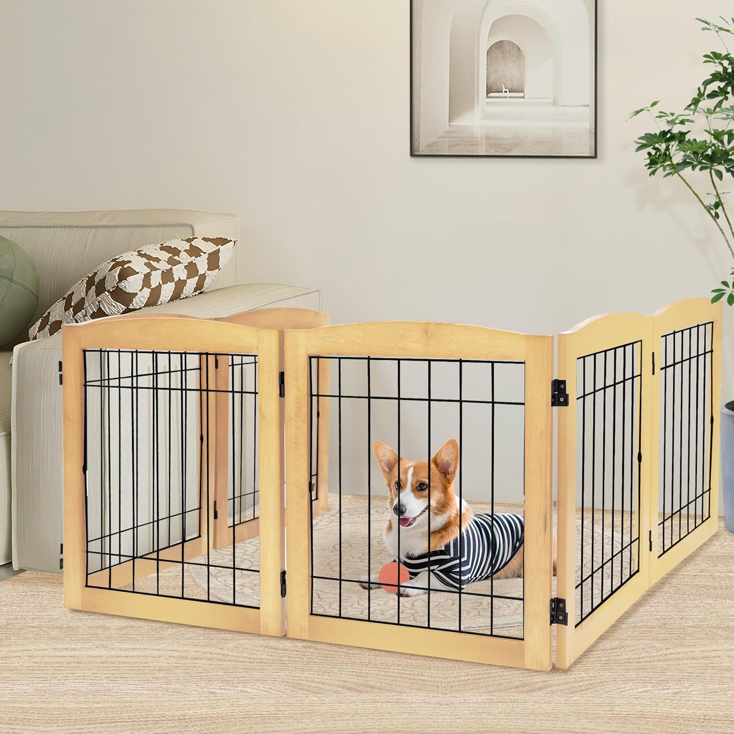 LZRS 6-Panel Extra Wide Wooden Freestanding Dog Gate: Foldable Solid Wood and Steel Wire Chew Resistant Safety Barrier for Doorways, Stairs, and Open Long Spaces Indoor Use, Natural 24"Height-6 Panel Natural