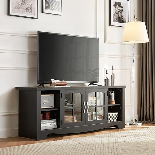 Miniatura 2 de LINSY HOME Soporte de TV de granja para TV de 65 pulgadas, centro de entretenimiento de madera con armario de almacenamiento de puerta de vidrio y