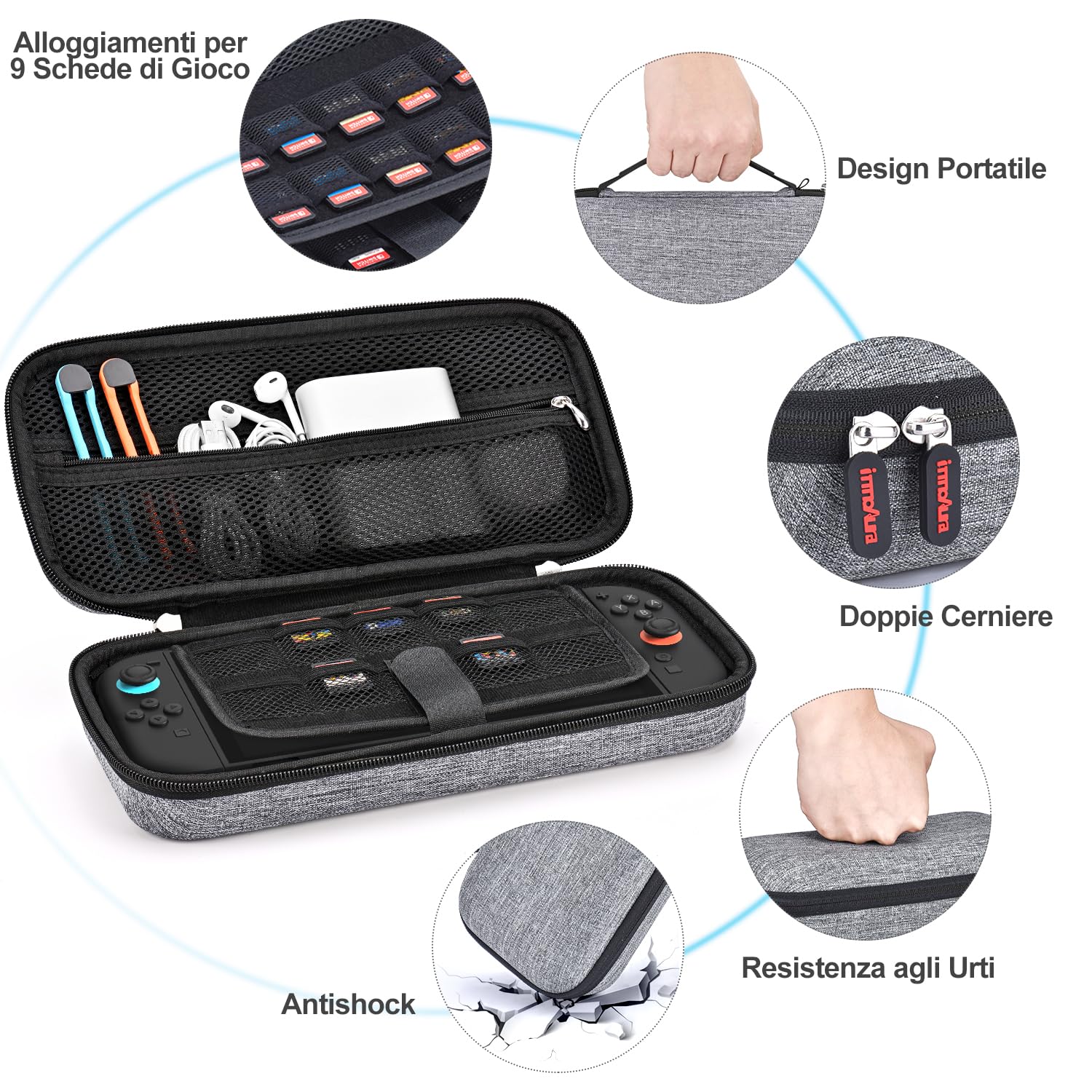 innoAura 14 in 1 Custodia Switch 2 per NS Switch 2 (2025), Switch 2 Case con Custodia da Trasporto, Cover Protettiva, Grip per Levette, Pellicola Protettiva, Ciondolo Carino e Adesivo, Grigio