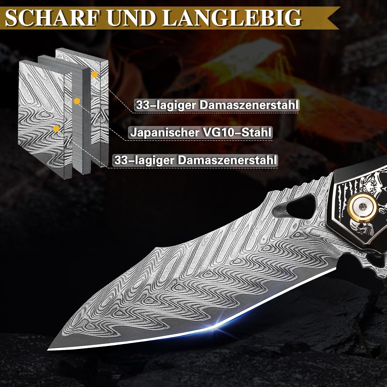 Handmade Men's Folding Pocket Knife, 9" Damascus Steel Folding Knife, Includes a leather sheath, Dazzling Cool Skull pattern, Carbon fiber handle with copper foil integration, Ideal for expedition cam