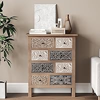 COSIEST 32" Farmhouse 8-Drawer Wood Storage Cabinet - Multicolored Carved Rustic Accent Chest for Entryway, Bedroom, Living Room