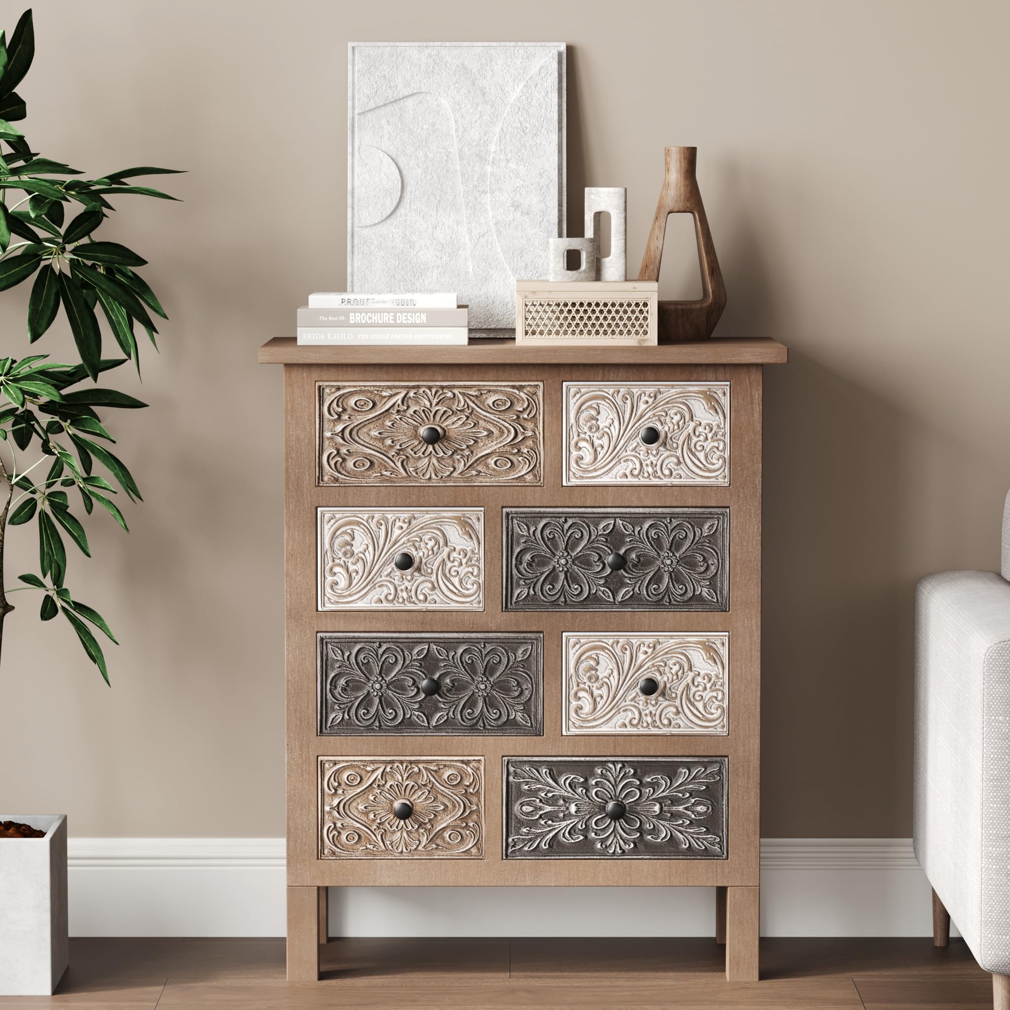 COSIEST Vintage Accent Cabinet with 8 Hand-Carved Drawers, Boho Rustic Wood Storage Chest, Fully Assembled Distressed Apothecary Console for Entryway,