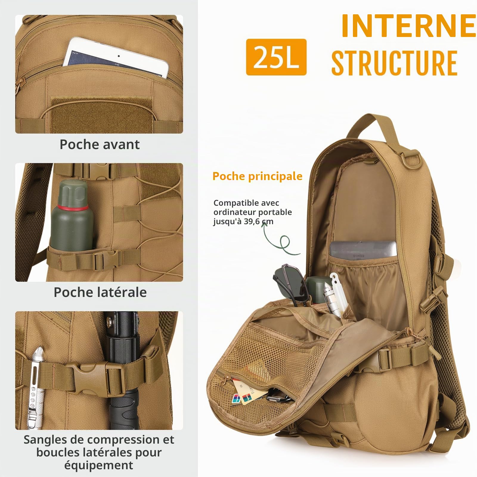 HUNTVP 25L Sac à Dos Tactique Sacs à Dos Voyage Militaire Homme Femme Molle Assaut Pack Cartable pour Camping Alpinisme Chasse Sports de Plein Air