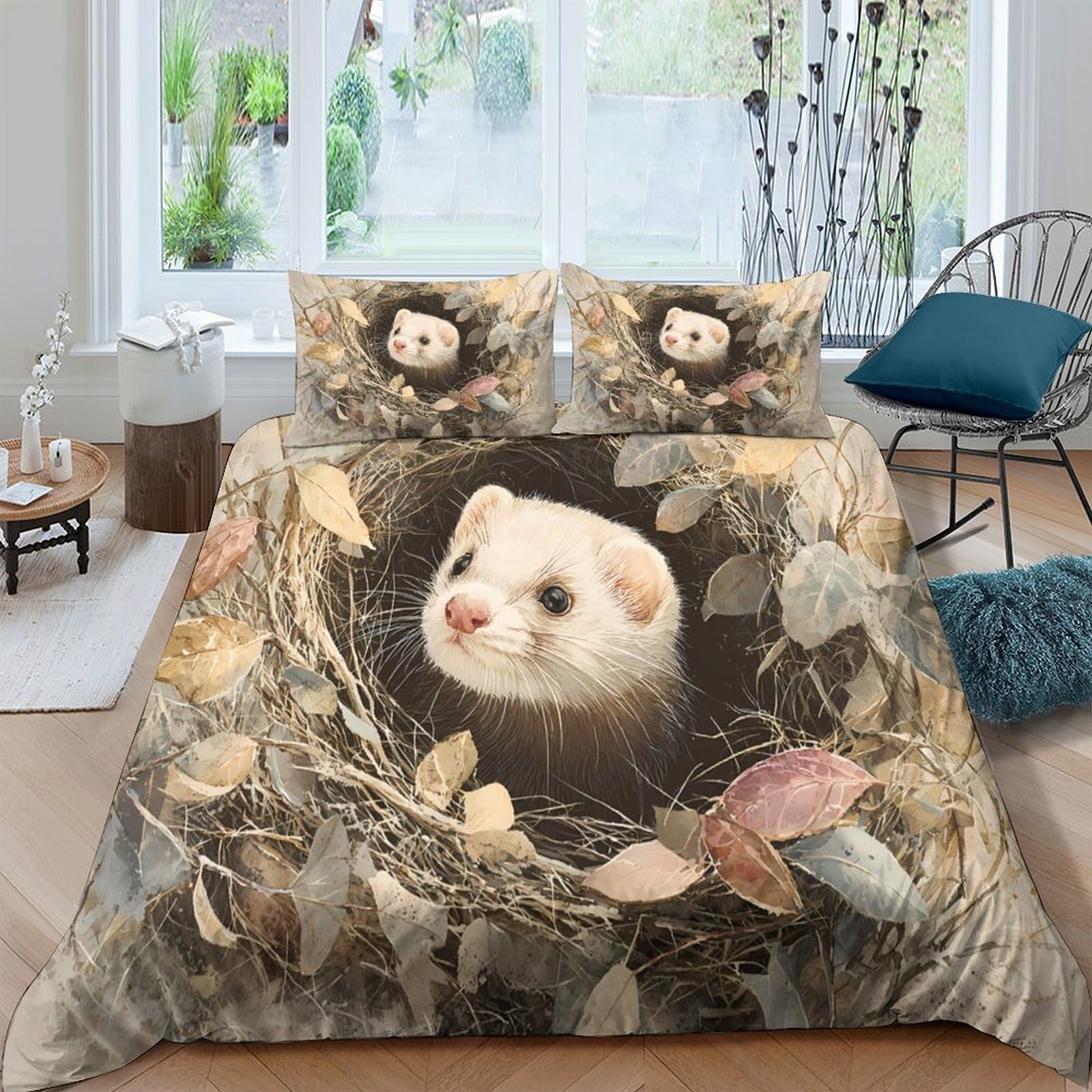 Ctjqhvkz Style-8 3D Printed Ferret Nest Fitted Sheet Microfiber Soft Leaves Pattern Bed Cover Anti-Slip Machine Washable Decor Single（135X200cm）