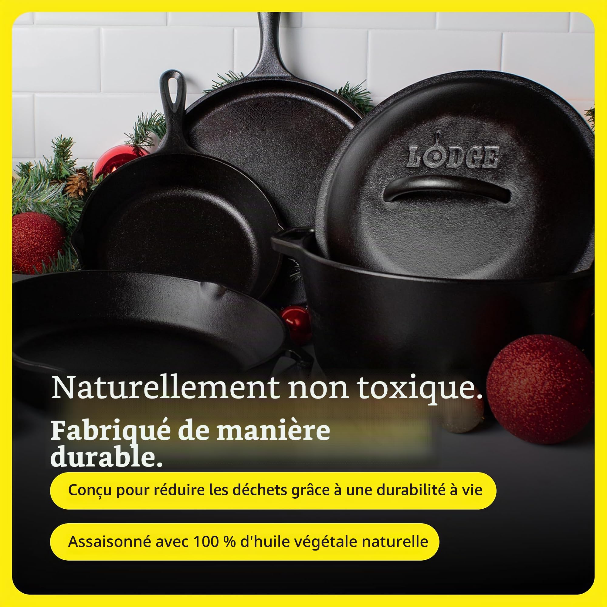 Lodge | Batterie de cuisine en fonte naturelle 4 pièces | Cocotte, 2 poêles, Crêpière | Sain et sans PFAS | Tous feux dont induction, four & BBQ | Made in USA