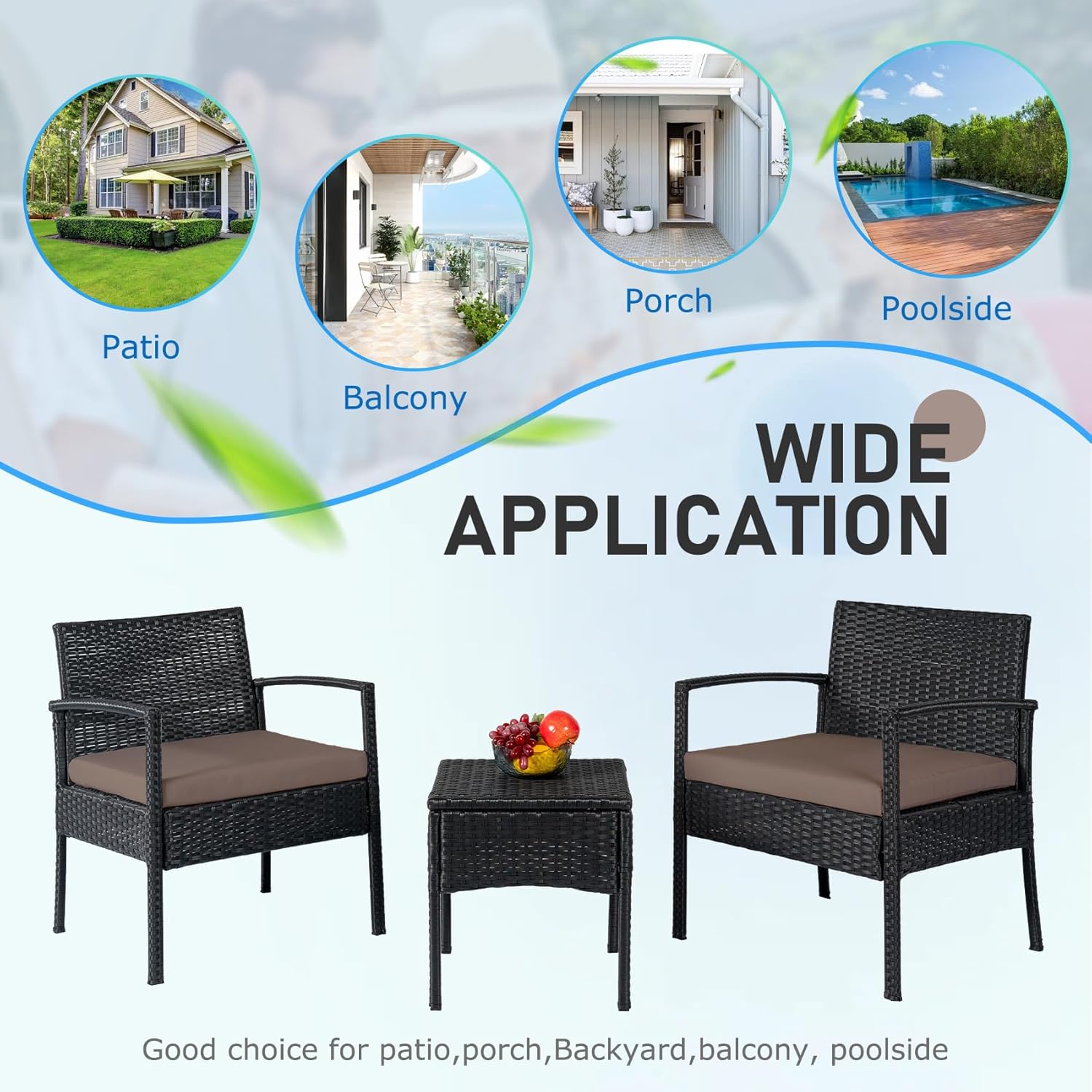 Outdoor Furniture 3 Piece Patio Bistro Set, Rattan Conversation Chairs Set with Side Table and Cushions, Porch Set Patio Furniture Set for Balcony Garden Yard, Brown
