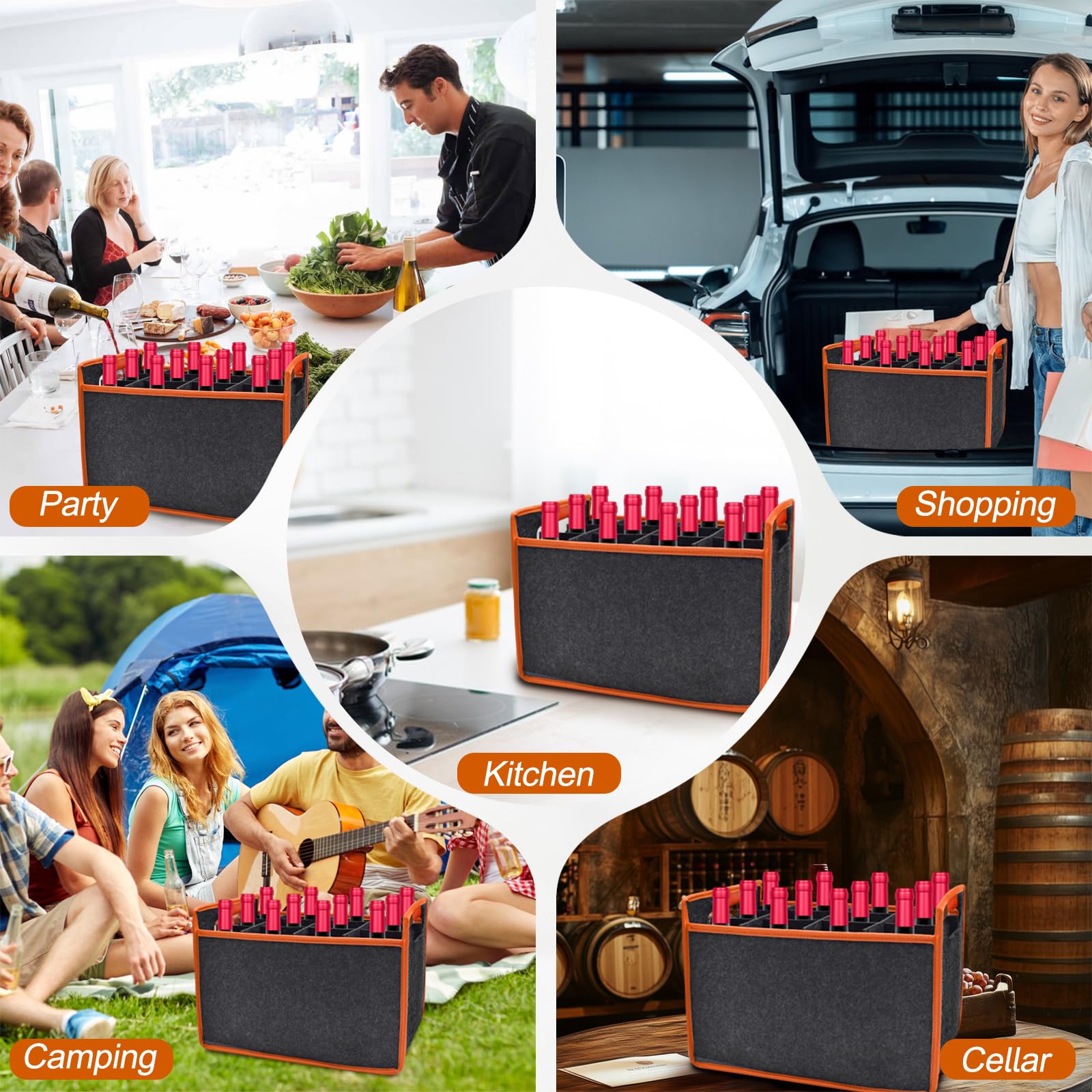 Borsa per Bottiglie con 6 Scomparti, Borsa Porta Bottiglia di Vino in Feltro, con Maniglia e Rimovibili Divisori, Borsa Trasporto in 1,5 litri per Viaggio Picnic Festa (Per 12 bottiglie)