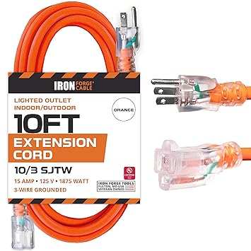 Iron Forge Cable 10 Foot Outdoor Lighted Extension Cord - SJTW Orange 10 Gauge 10 Gauge Extension Cord with 3-Prong Grounded Plug for Safety, 15 Amp, Ideal for Garden and Major Appliances
