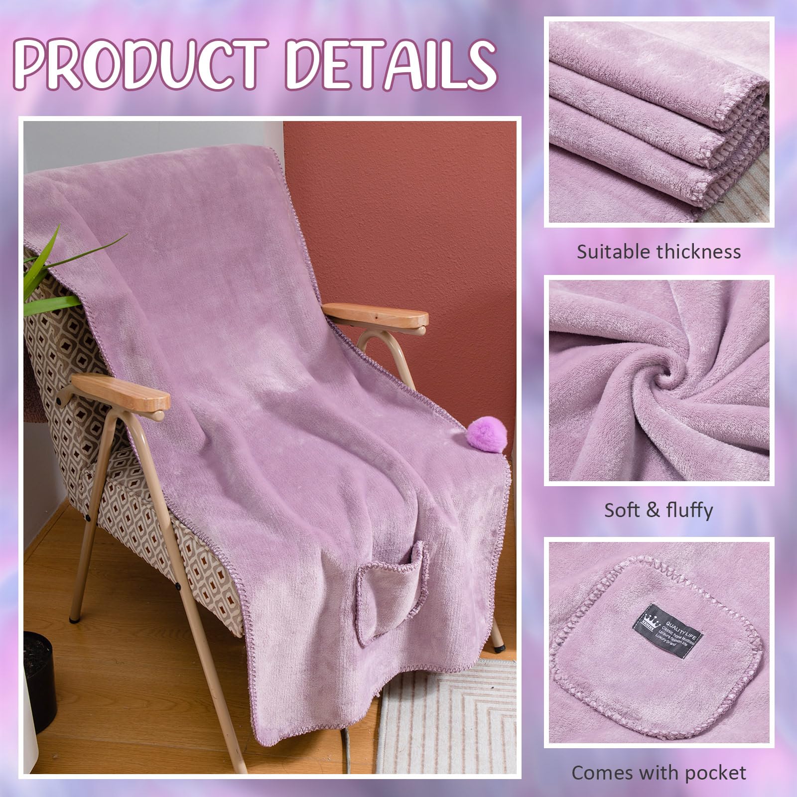 Geyoga Lot de 3 ponchos en polaire confortables avec grandes poches avant pliables - Chaussettes douces et pelucheuses - Cadeaux de Noël pour femme et grand-mère, violet, 65*170cm