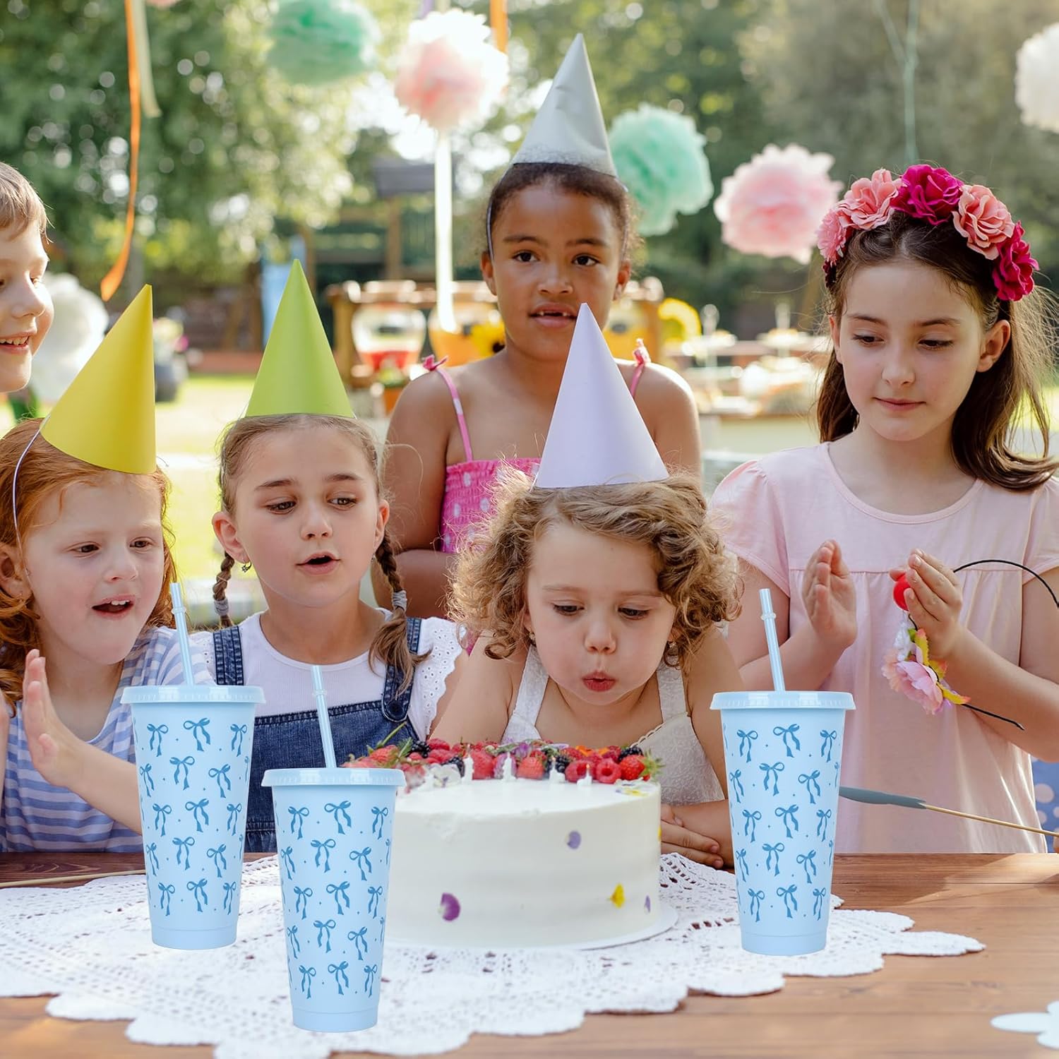 JarThenaAMCS 12Pcs Blue Bow Plastic Cups with Straw and Lid 24oz Ribbon Bow Tumbler Blue Coquette Cold Cups for Xmas Winter Cold Drinks Home Office Party Decoration - Image 6