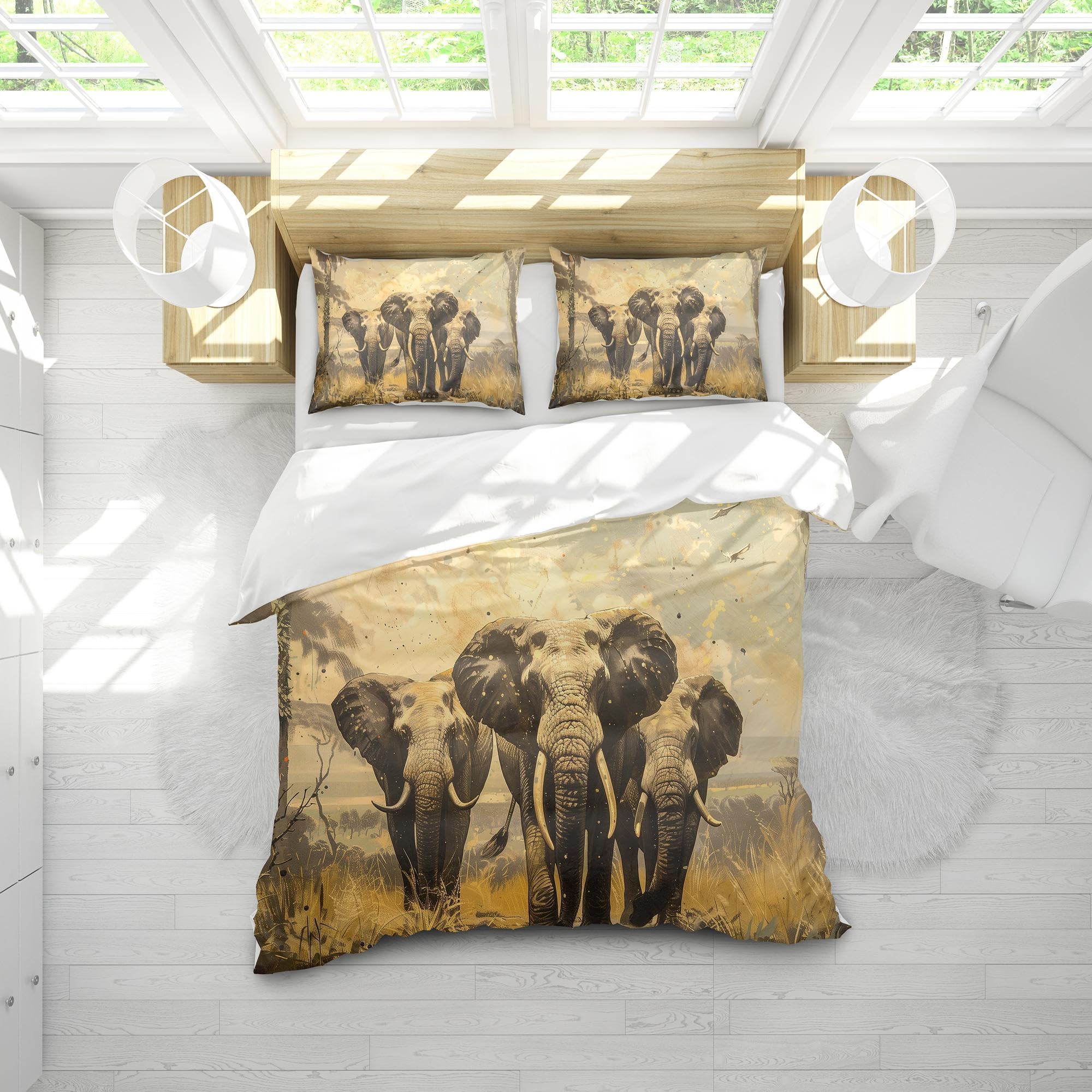 Housse de couette éléphants sauvages 140x210 cm avec deux taies d'oreiller pour lit une place
