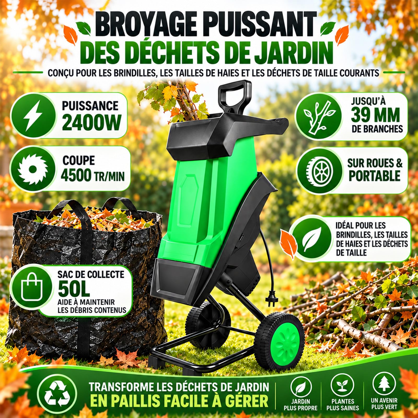 Broyeur De Végétaux Électrique 2400W avec Sac 50L