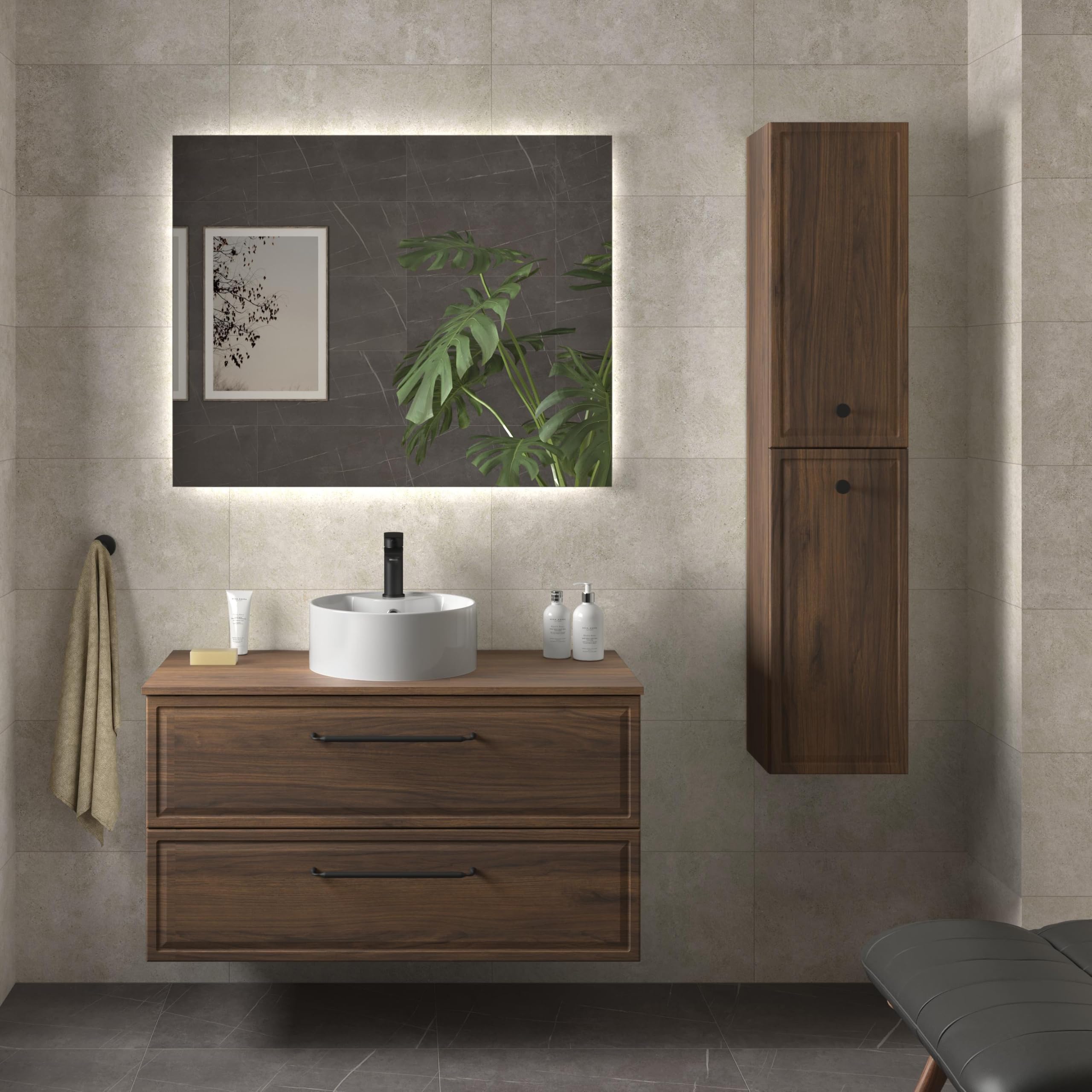 Mueble de Baño Runa 100cm Nogal 2 cajones Lavabo sobre encimera 1 poza Porcelana