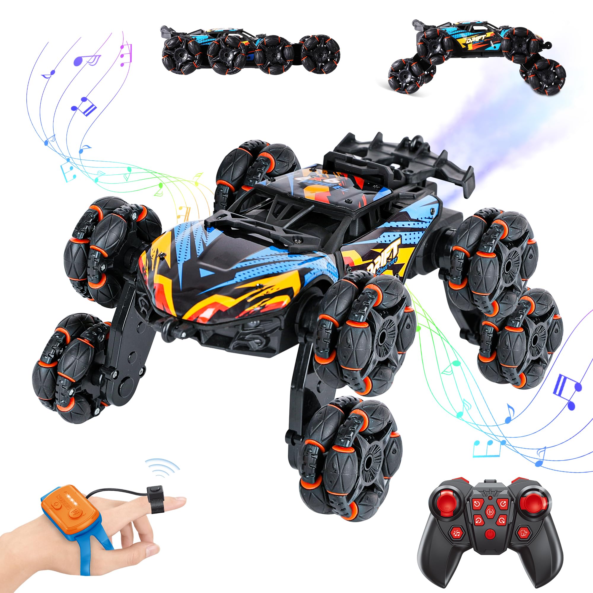 RC Stunt Car for Kids, 8Wd Gesture Sensing Stunt Rc Cars Toys for Boys Age 8-13, 2.4Ghz Hand Remote Control Car with Lights Music Spray, Cool Birthday Girls Toy for Boys Girls Kids (Classic Edition)