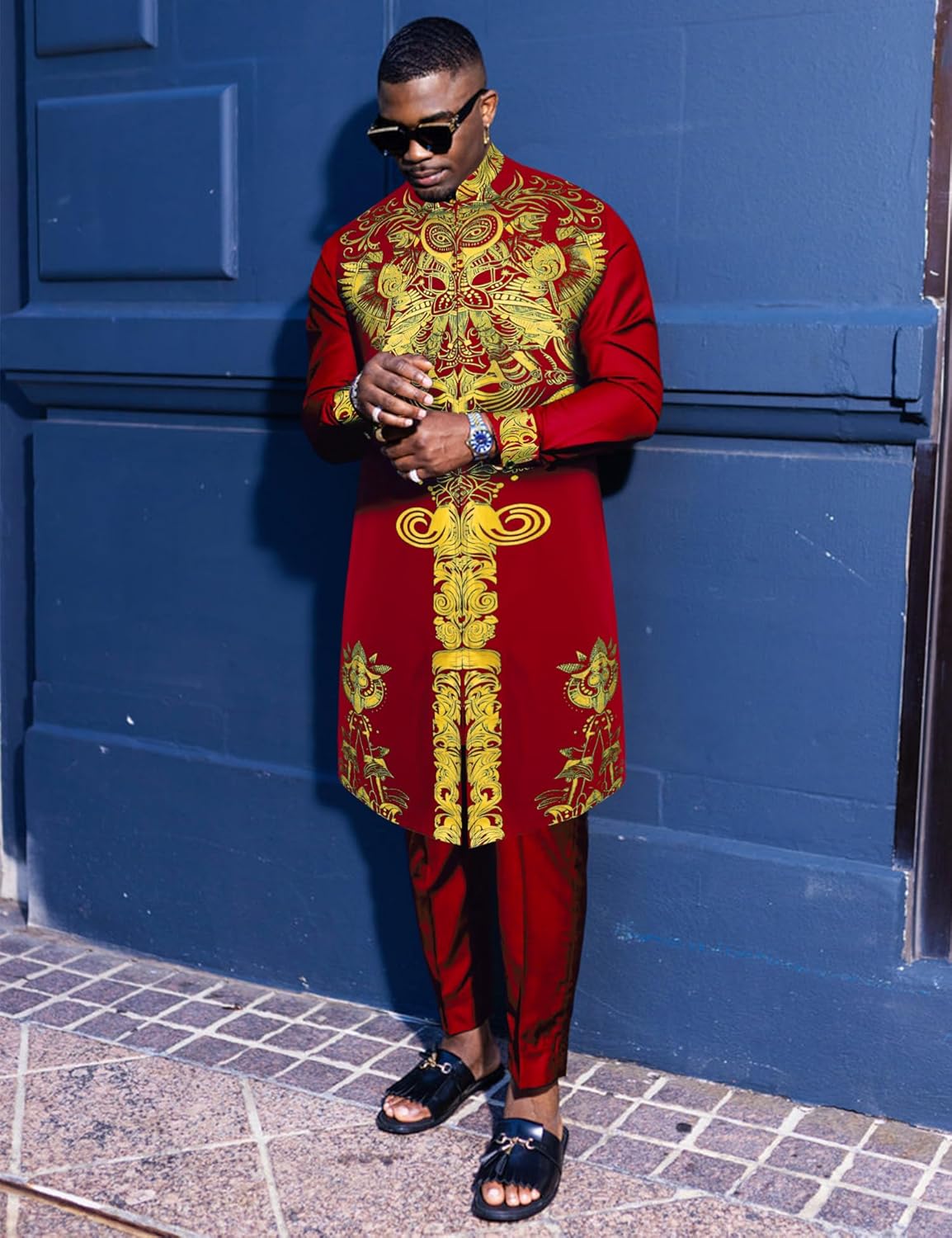 Mens African 2 Piece Set Zipper Nigerian Dashiki Metallic Shirt and Pants Outfit Gold Stamp Printed Long Traditional Suit - Image 2