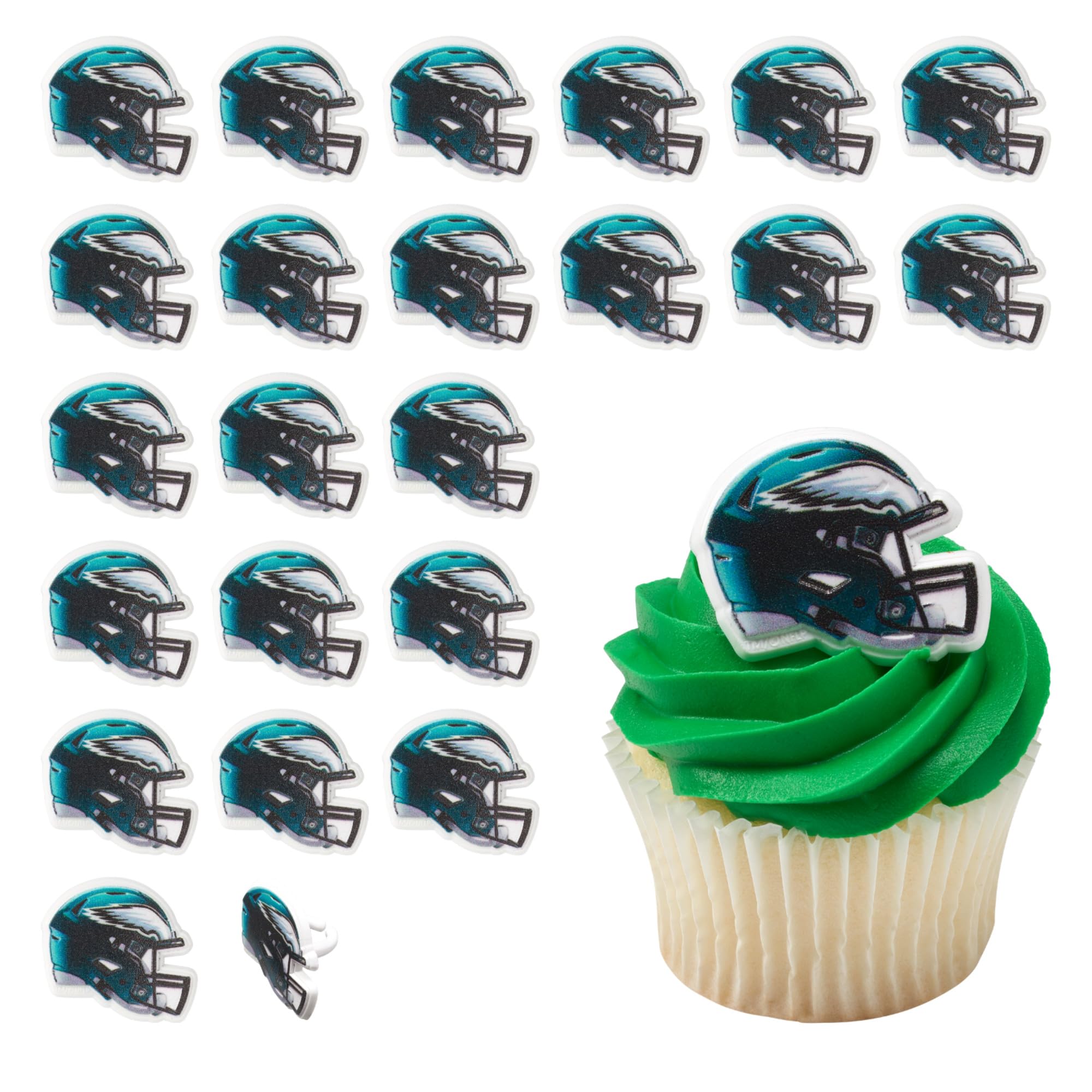 DecoPac NFL Philadelphia Eagles Helmet Rings, 24 Football Cupcake Decorations, Officially Licensed, Football Rings, Food Safe Cake Toppers – 24 Pack