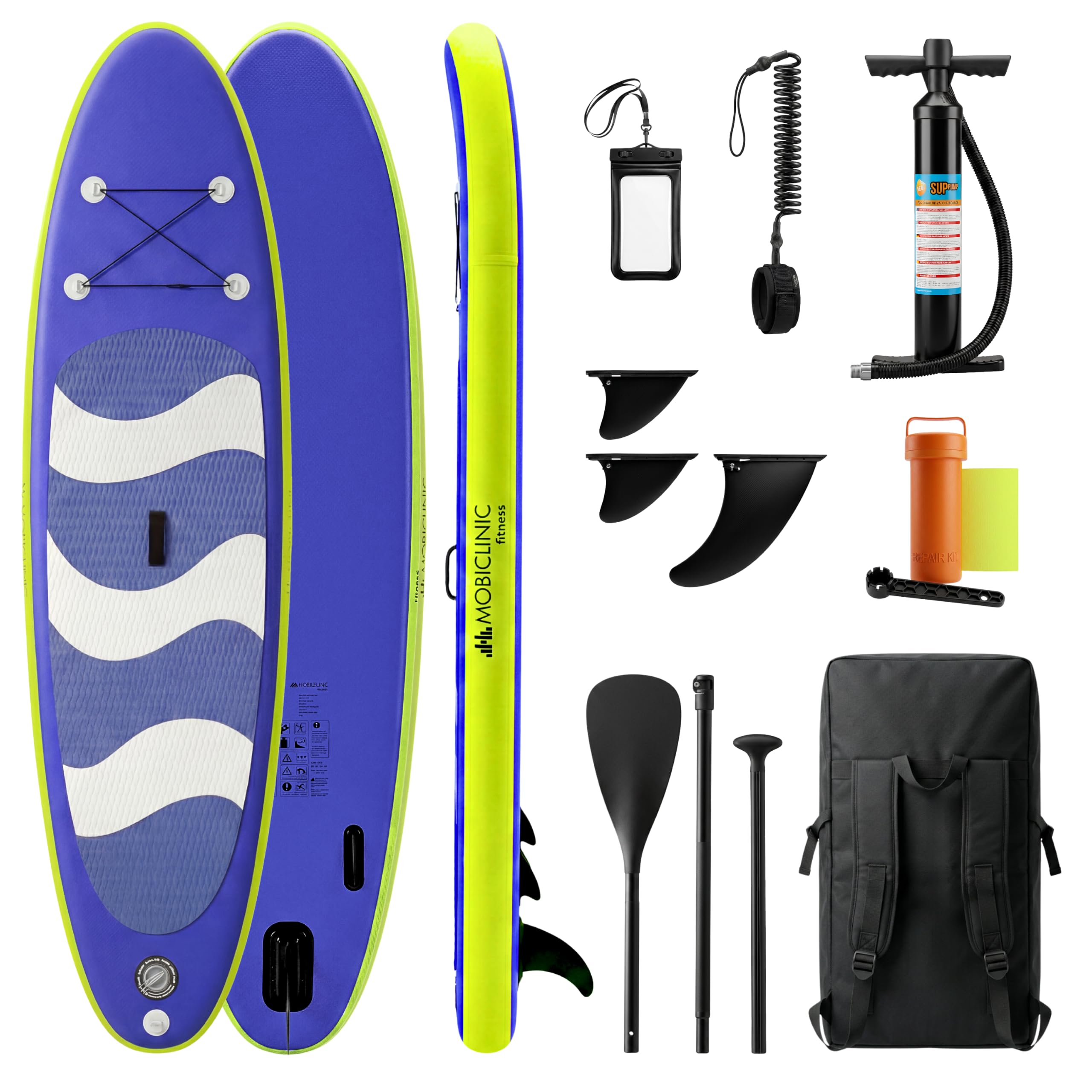 Mobiclinic®, Stand Up Paddling Board, Inklusive Pumpe, Flossen, Rucksack, Paddel, Handyhülle und Reparaturset, 315x78x15 cm, Faltbar, bis 150 kg, Für Kinder, Erwachsene und Haustiere