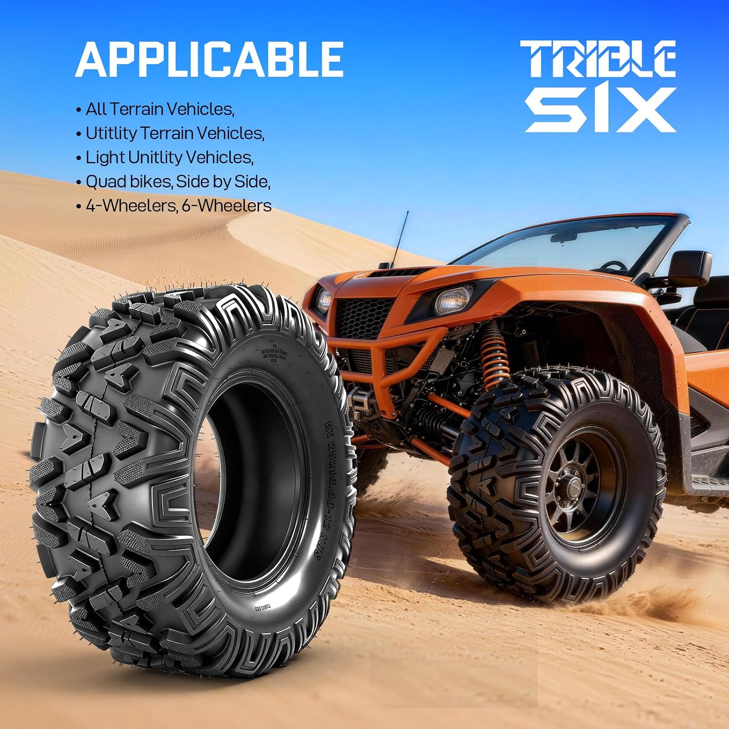 TRIBLE SIX 25x8-12 & 25x10-12 ATV UTV Tires,6 PR All-Terrain Tires 25x8x12 25x10x12 for Sand Mud Trail,Non-Directional Tread,Tubeless (Pack of 4)