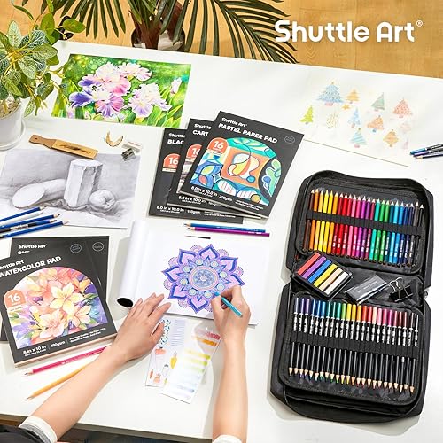 Miniatura 6 de Shuttle Art Kit de dibujo de 124 piezas, suministros de dibujo profesional con boceto, carbón, colores, grafito, lápices y palos pastel,