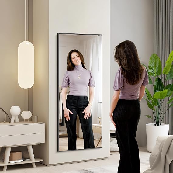 KOCUUY Rectangle Full Length Mirror, 147 x 44 cm Wall Mirrors, Free Standing Mirror Full Body with Aluminum Alloy Frame, Suitable for Bedrooms, Hallway or Cloakroom, Black