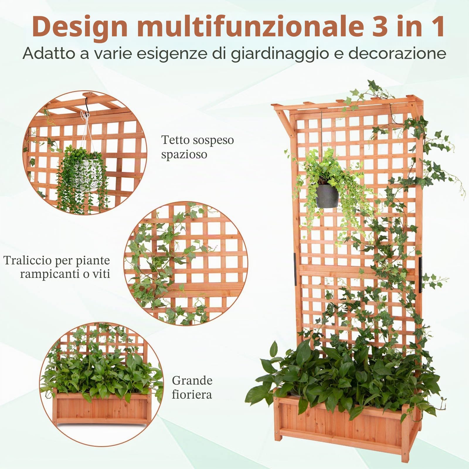 HOMASIS Fioriera con Grigliato e Tetto in Legno, Vaso Rettangolare da Esterno con Fori di Drenaggio, Orto Verticale per Piante Rampicante da Terrazza, Balcone (Naturale, 75 x 33 x 181 cm)
