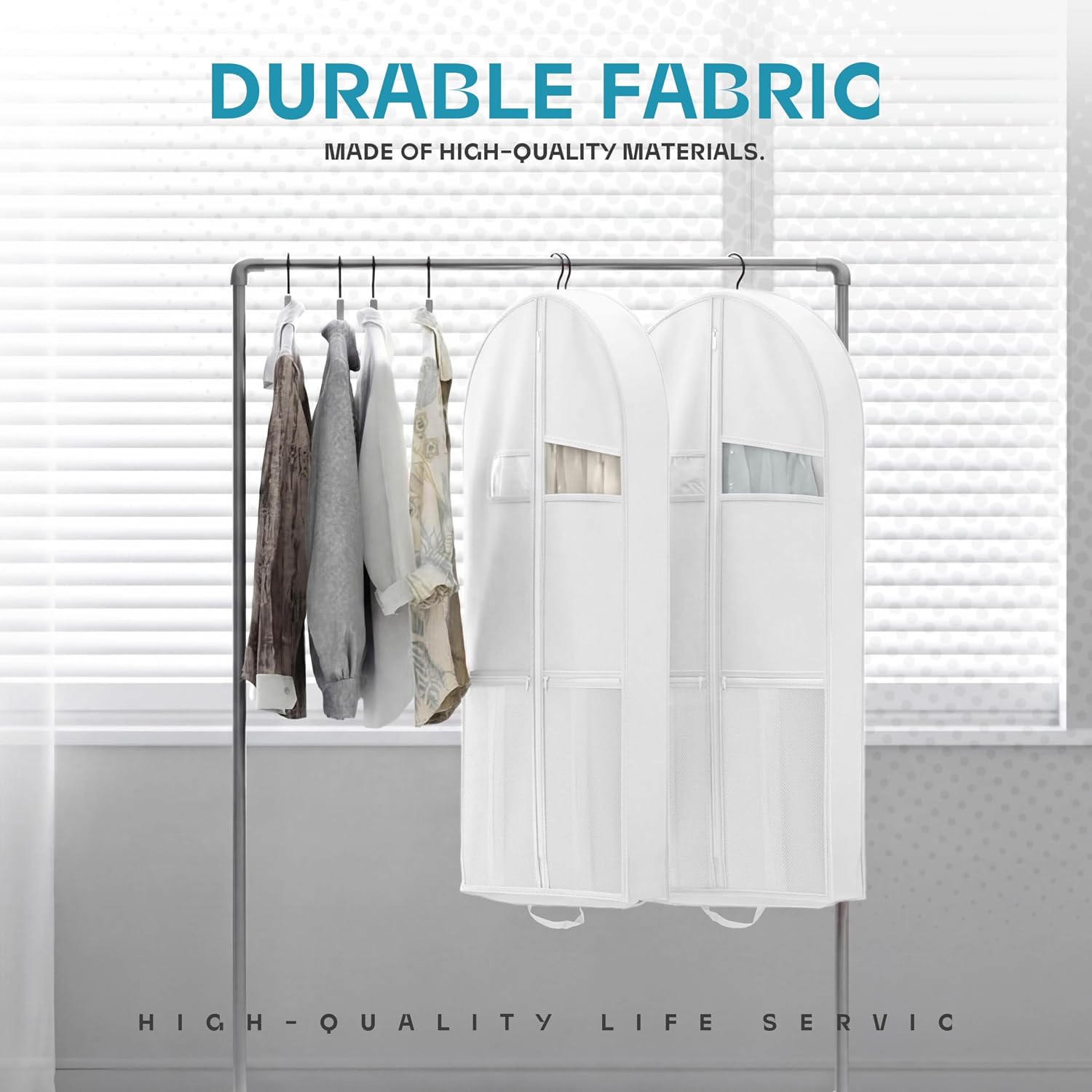 43" Travel Garment Bag with Accessories Zipper Pocket, Heavy Duty Suit Bag for Suits, Tuxedos, Dresses, Coats, White, 1 pack