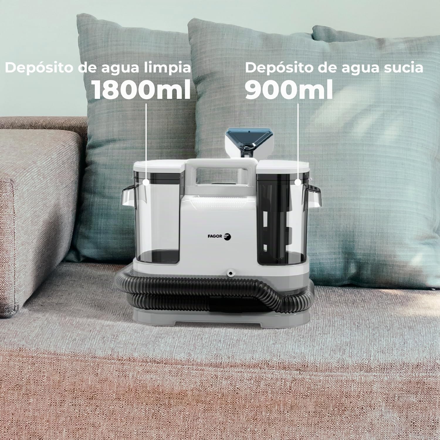 Limpiatapicerías Portátil 450W, Aspirador para Sofás, Alfombras, Colchones y Coche con Succión 13KPa, Pulveriza, Cepilla y Aspira Manchas, Doble Tanque de Agua, FAGOR Ares Multicleaner