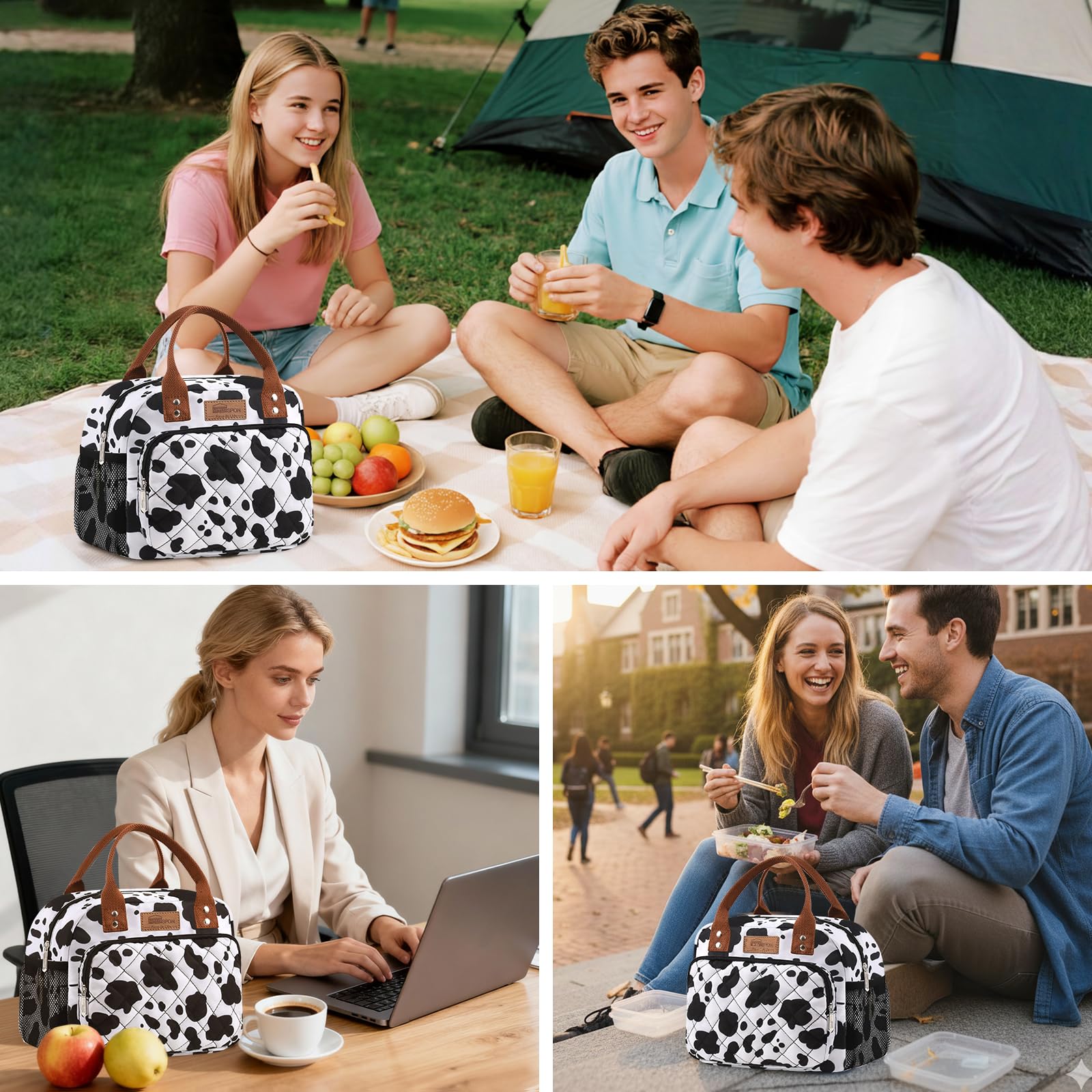 HOMESPON Borsa termica per il pranzo, per donne e uomini, lavoro, adulti, borsa termica per il pranzo, contenitore per il pranzo da donna (stampa mucca)