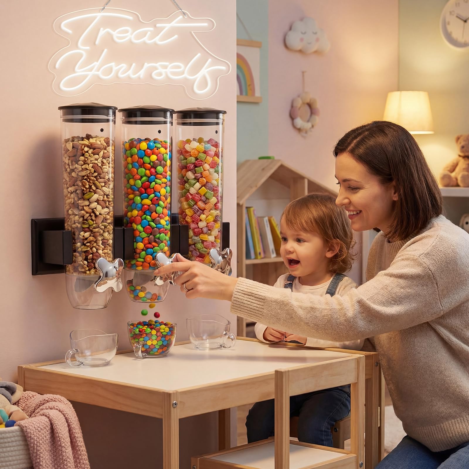 Lounsweer Müslispender zur Wandmontage, mit 1 Neonschildern, 9 l, für Süßigkeitenmaschine, Getreidespender, Neon-Snack-Schild, Wandhalterung für Zuhause, Küche, Lebensmittelgeschäft