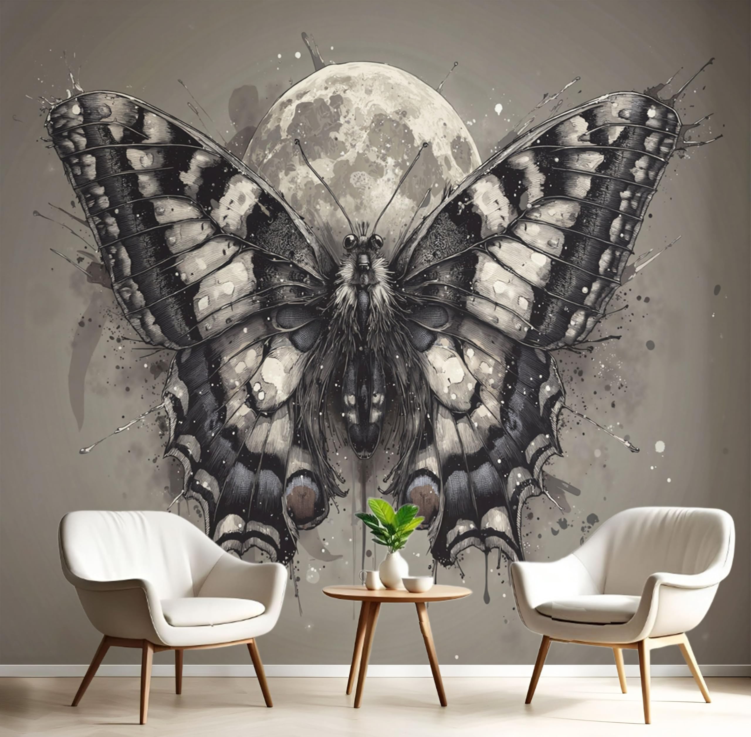Papier peint panoramique style de peinture à l'encre fine 300x210cm motif papillon de lune noir