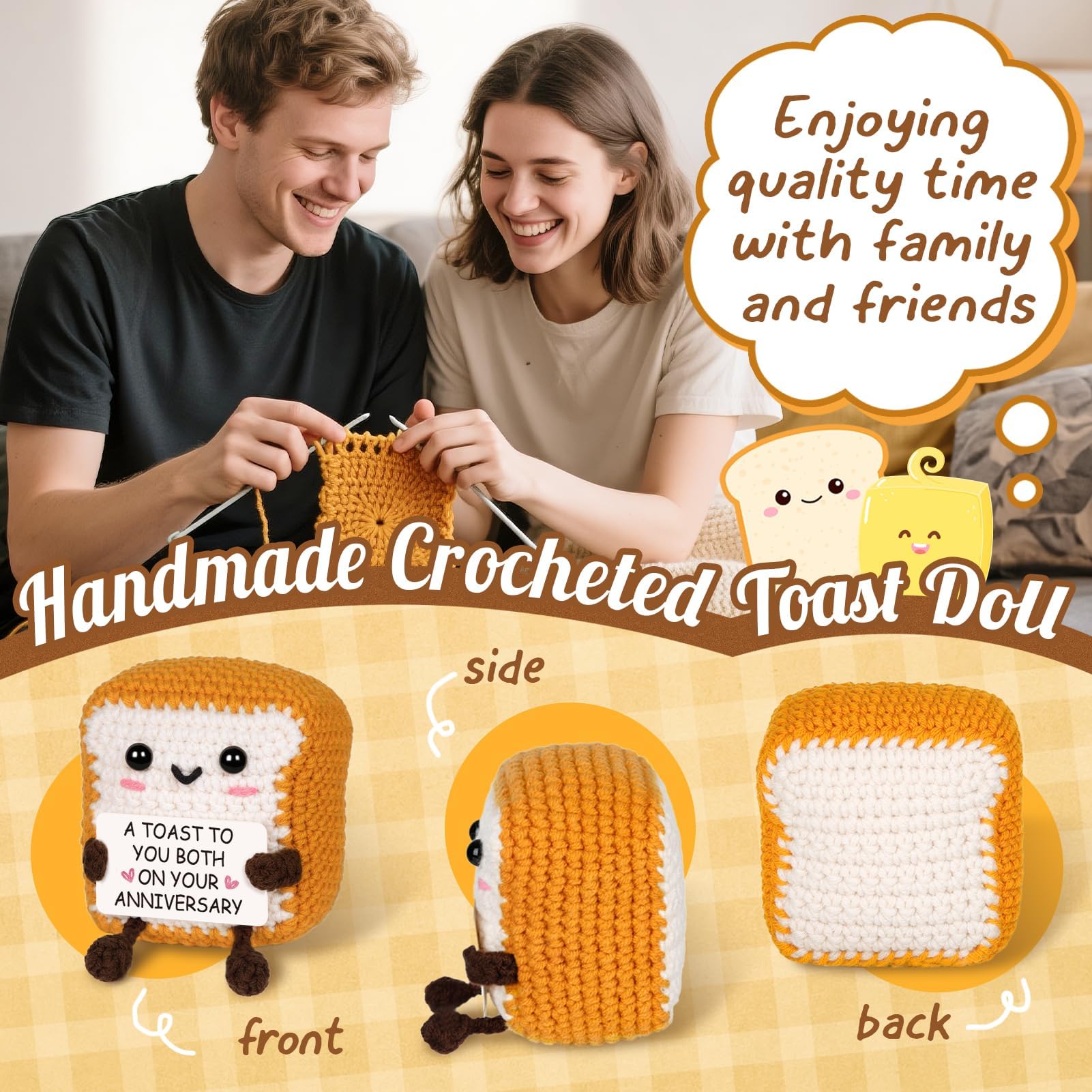 Anniversary Romantic Gifts for Her Him Handmade Crochet Toast Plush, Golden Crust & Snow-White Bread with Smiling Face - Image 3