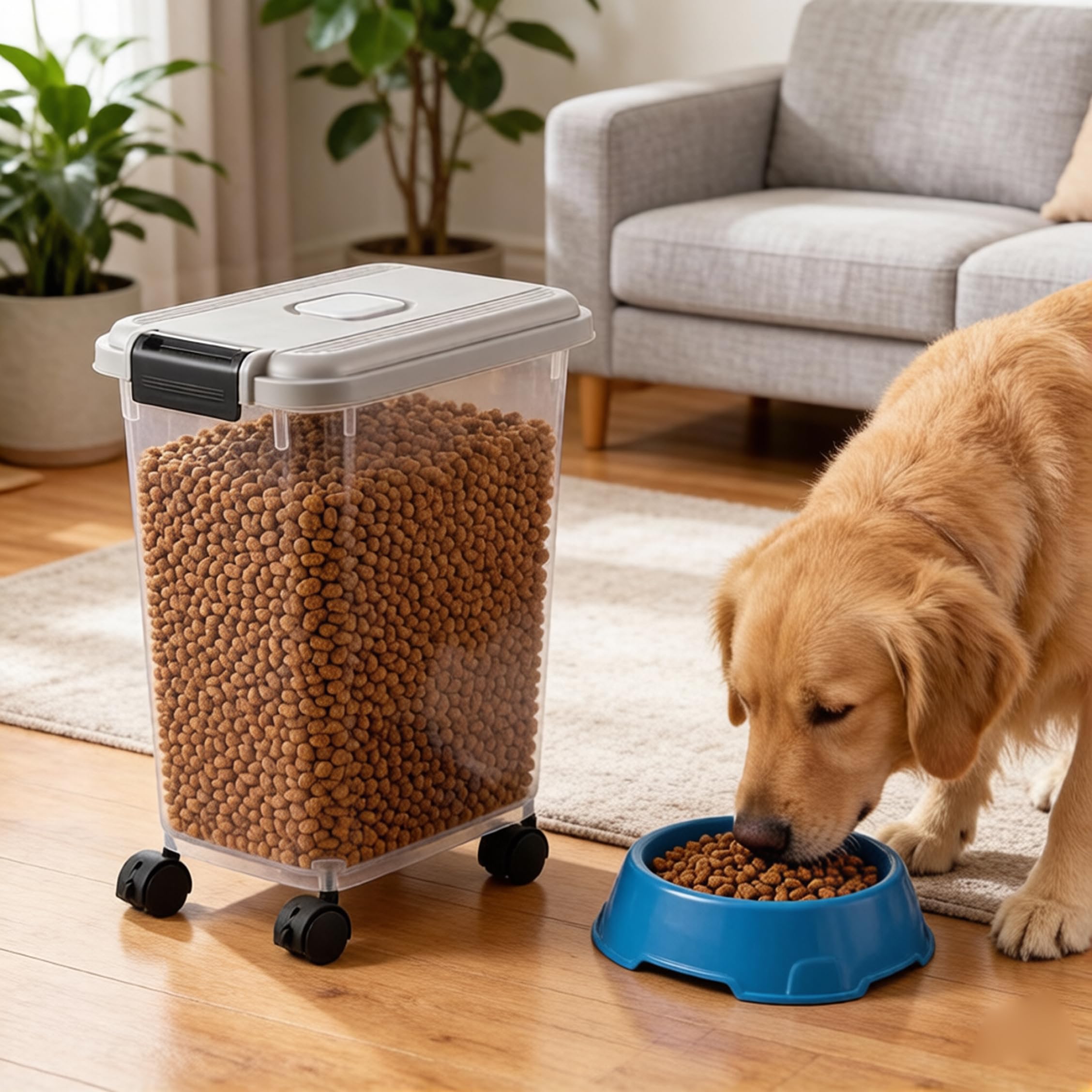 Almacenamiento de Alimentos para Mascotas, contenedor de Almacenamiento de Alimentos para Mascotas con Cierre hermético y Ruedas bloqueables, contenedor Transparente - Gris (35 Libras de ar