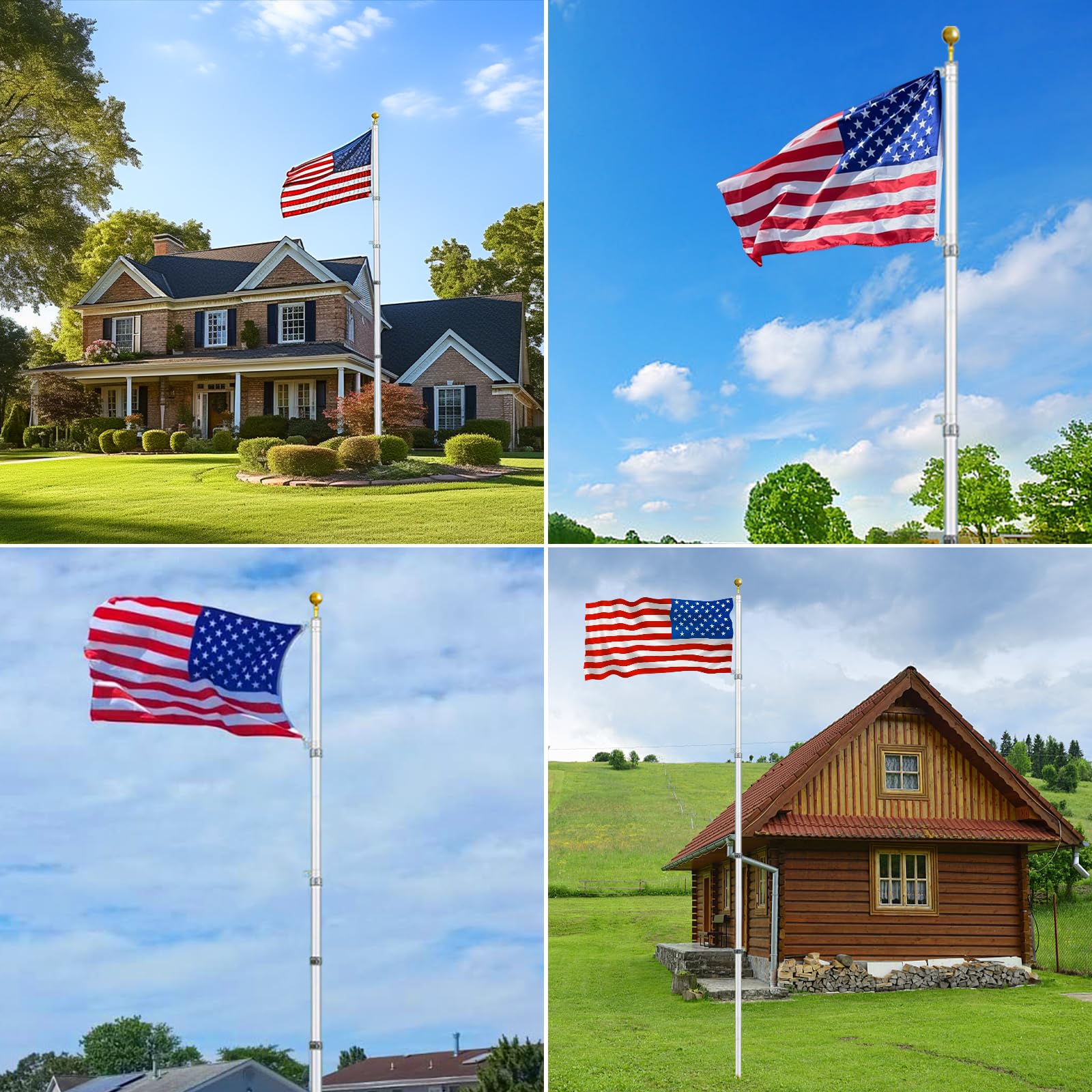 Sunocity Telescoping Flag Pole Kit – 20FT, Extra Thick Aluminum, Dual Flag Display, Includes 3X5FT US Flag, Silver, for Residential & Commercial Use