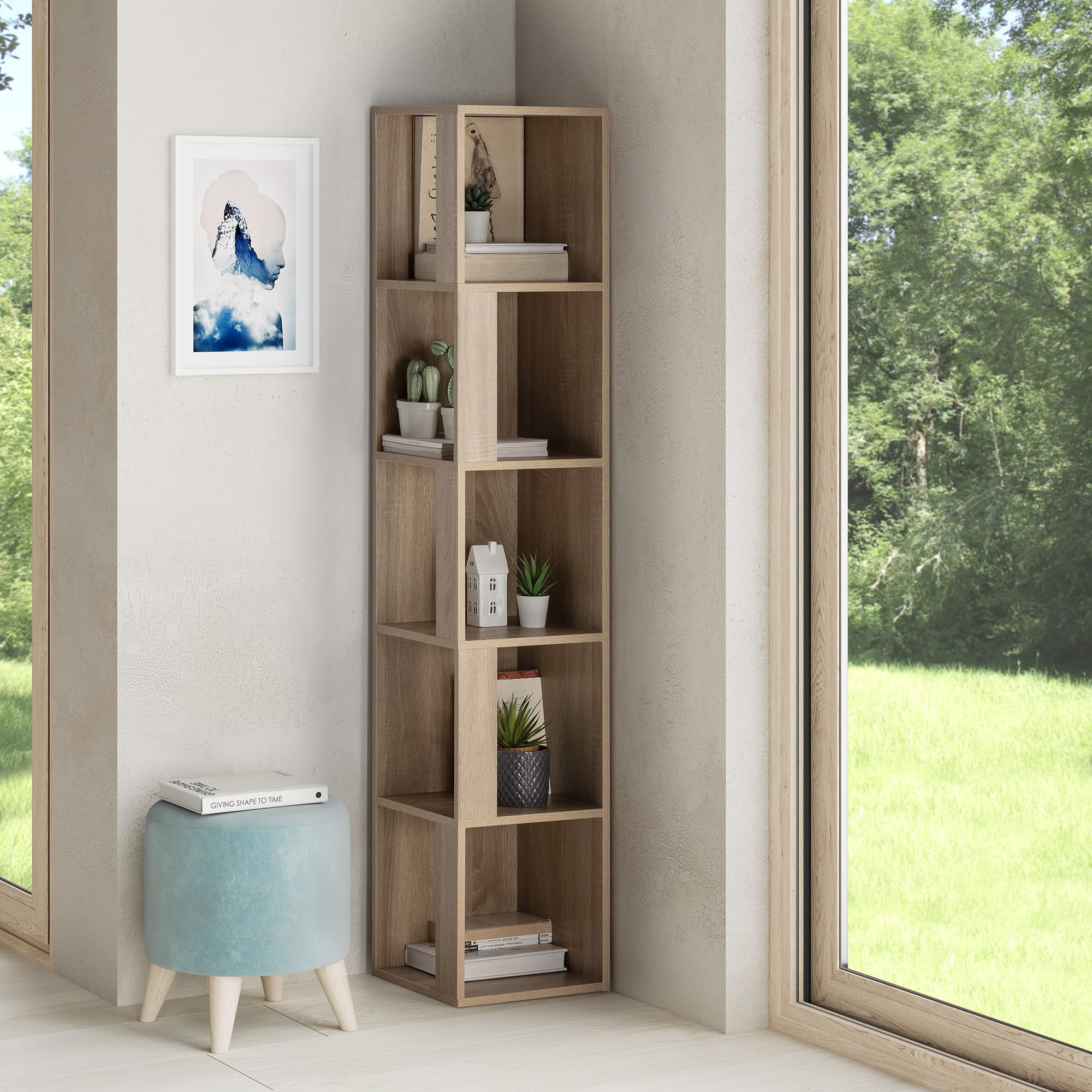 HOMN LIVING Estantería de rincón Fiyi 5 Huecos Color Roble, para Salón, Comedor o Despacho, 32 cm (Ancho) 32 cm (Profundo) 161 cm (Altura)