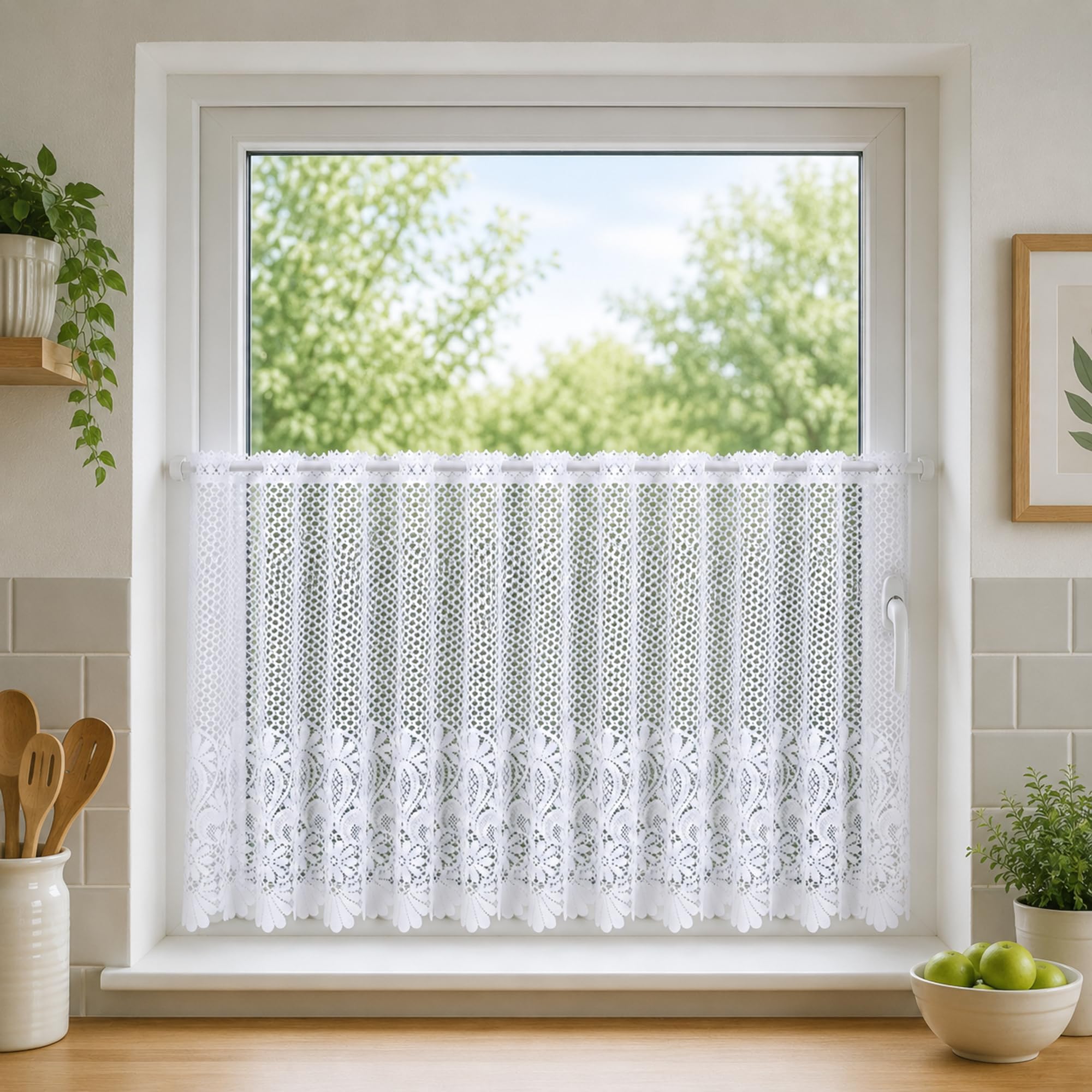 1.5 Metre Wide x 12" (30cm) Drop - Victoria White Luxury Knitted Macramé Style Cafe Rod Pocket Net Curtain With Scalloped Hem - Voile Style Privacy Net - Slot Top Rod Pocket - Light Filtering