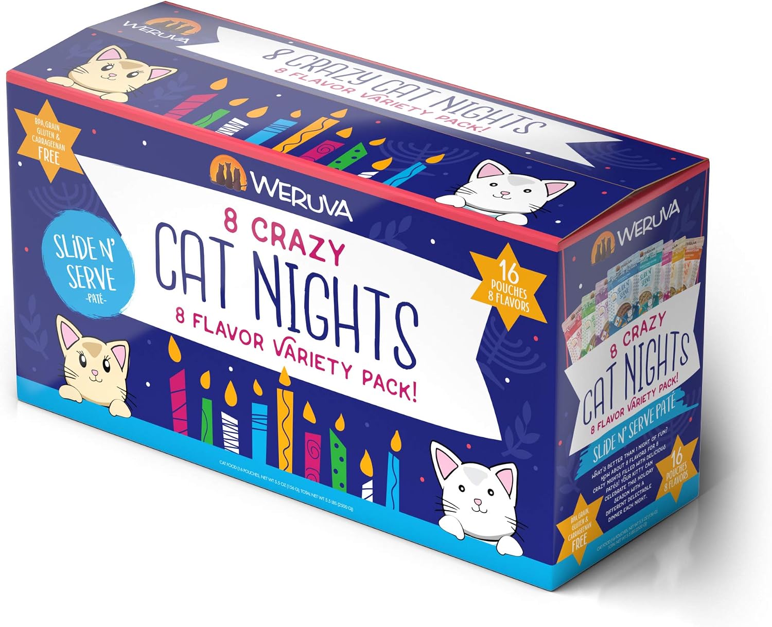 Weruva Slide N' Serve Paté Wet Cat Food, 8 Crazy Cat Nights Holiday Variety Pack, 5.5oz Pouch (Pack of 16)