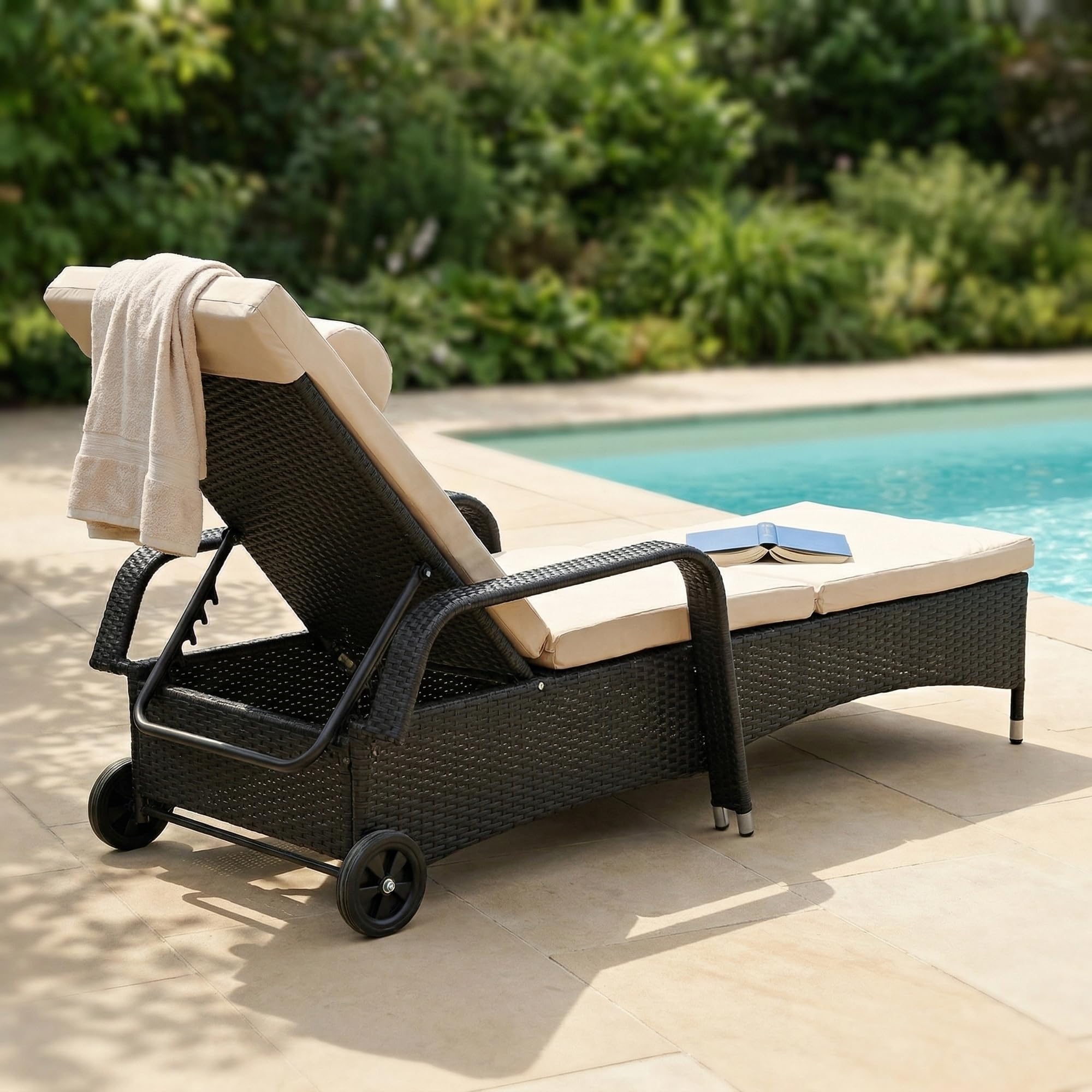 Mucola Sonnenliege mit Rollen Polyrattan – wetterfeste Rattanliege mit Verstellbarer Rückenlehne, Rollliege für Garten, Balkon & Terrasse – pflegeleicht, UV-beständig, mehrfach verstellbar