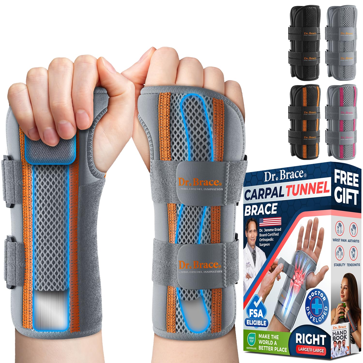 DR. BRACE Adjustable Wrist Brace Night Support for Carpal Tunnel, Doctor Developed, Upgraded with Double Splint & Therapeutic Cushion, Hand Brace For Pain Relief, Injuries, Sprains