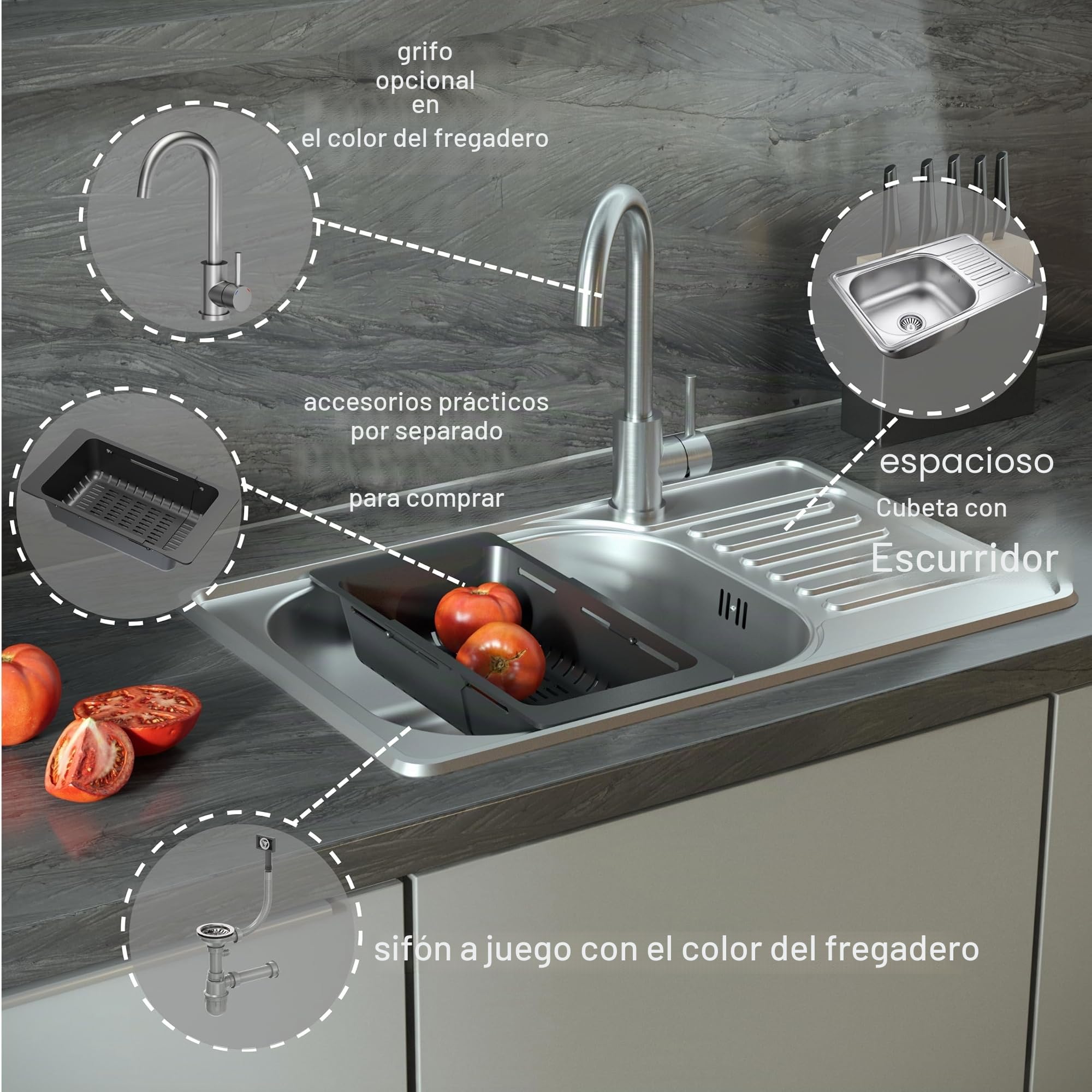 QUADRON Fregadero moderno de acero inoxidable | Tamaño 50 cm Color: Satin | Fregadero de cocina | Desagüe incluido | Encaja en mueble de al menos 50 cm
