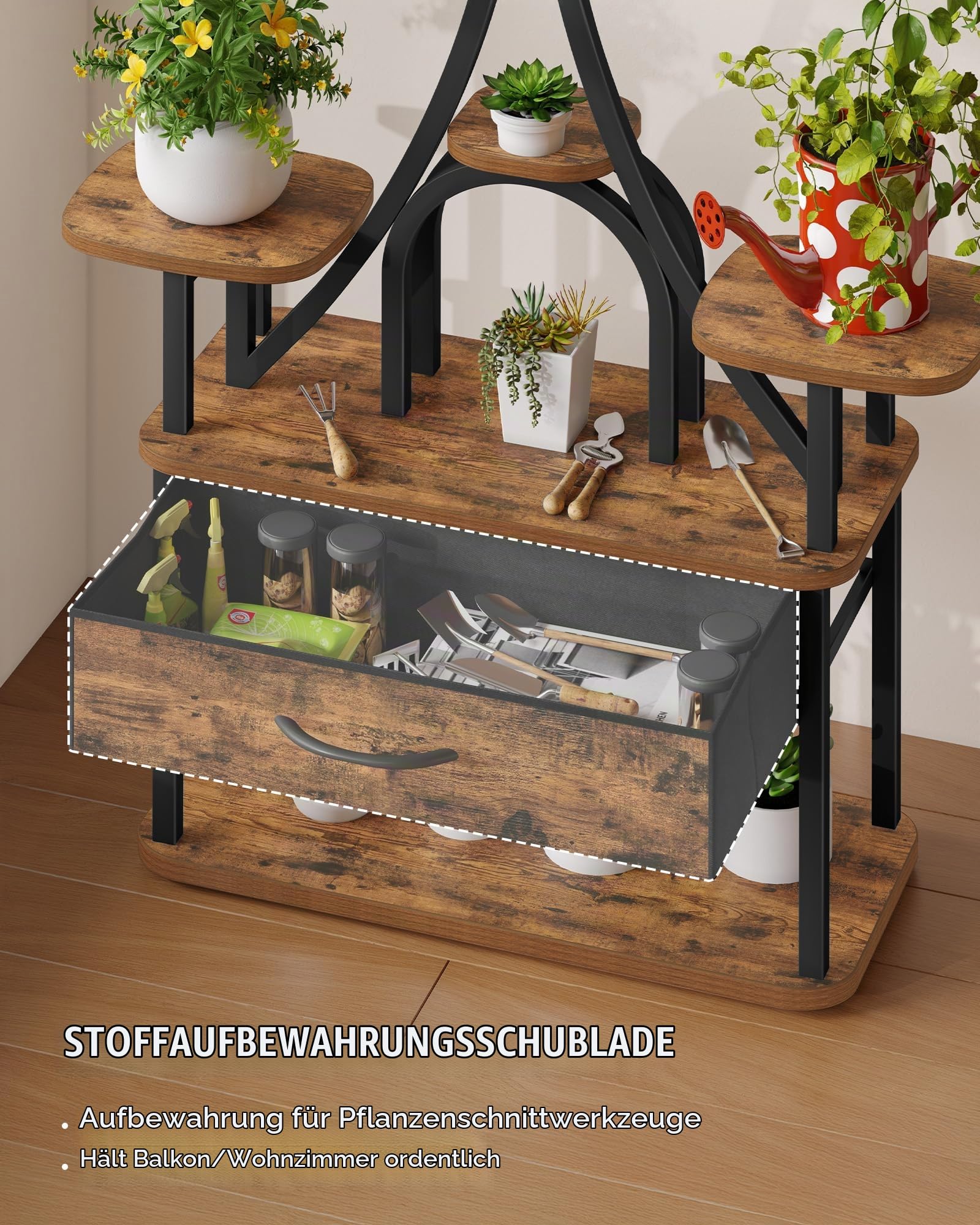 Hzuaneri Pflanzenständer mit Wachstumslicht, 9-Ebenen Blumenständer mit 4 R-G LED-Leuchten, Farbe und Timing Einstellbar, 164 cm, Ideal für Wohnzimmer, Balkon, Garten, Vintagebraun-Schwarz, PS16001B