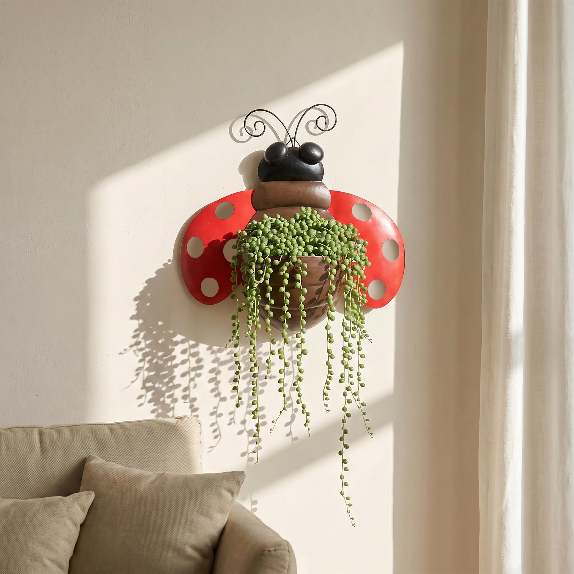 Macetero de pared de metal con diseño de mariquita, maceta colgante para suculentas con drenaje