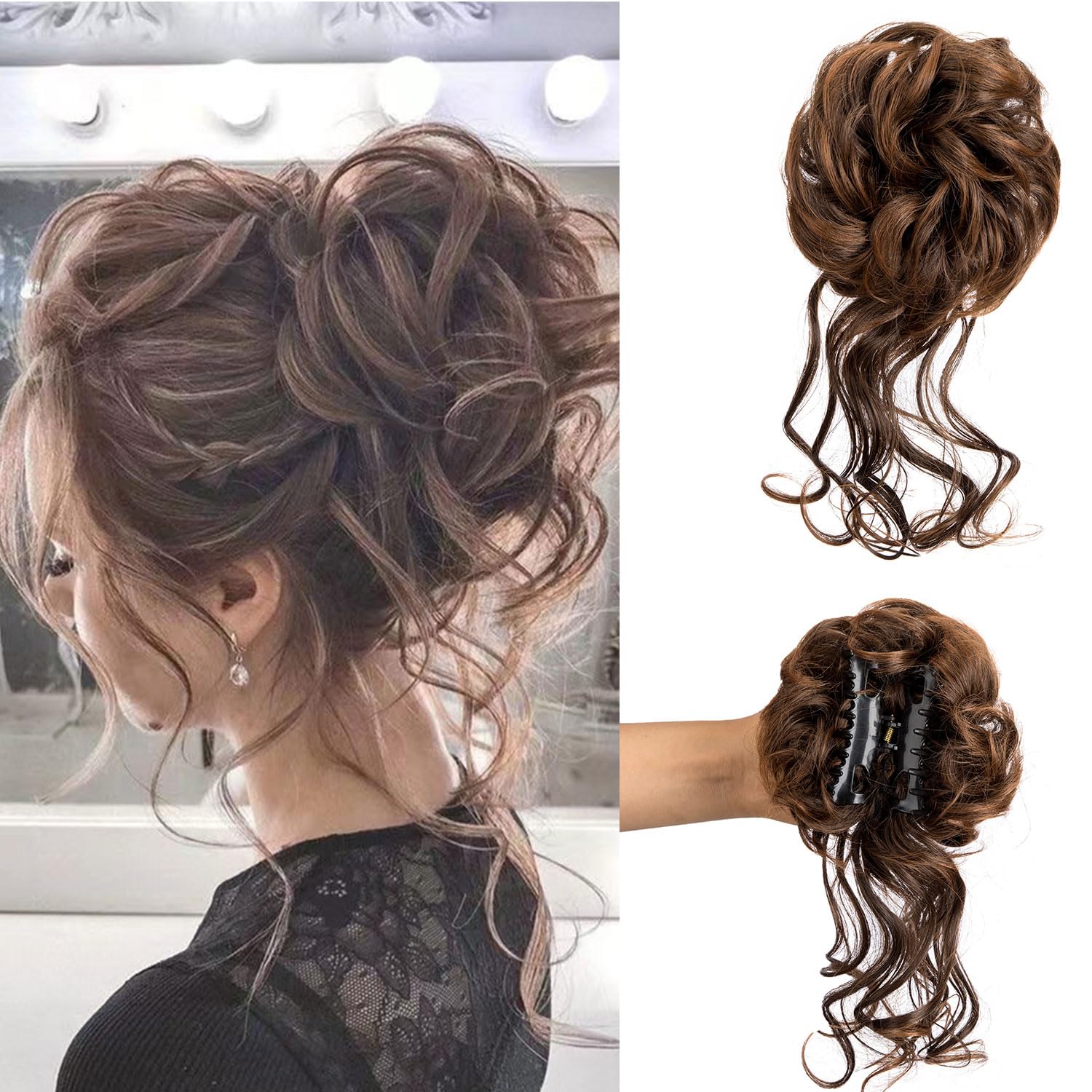 Haarteil für Hochsteckfrisuren, Klaue, Dutt, Haarteil, elastischer Kordelzug, synthetische Claw Clip Messy Bun Hair Piece Tousled Updo Hair Buns Extension für Damen (Light3 Brown3)
