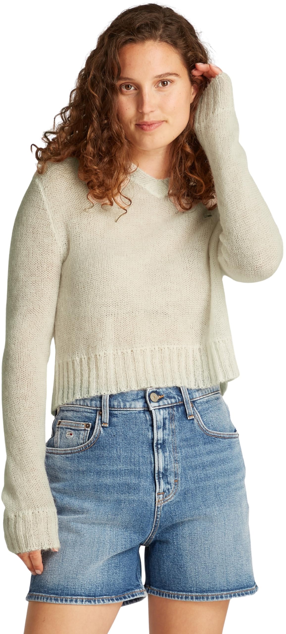 Tommy Jeans Women’s V-Neck Open Knit Jumper, Off-White (Ancient White), XXS