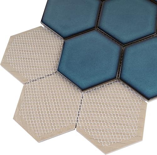 Miniatura 5 de Tile Generation TPMG-29 - Mosaico hexagonal de 4 x 4 pulgadas, porcelana, color azul cristal (pulido), 1 hoja