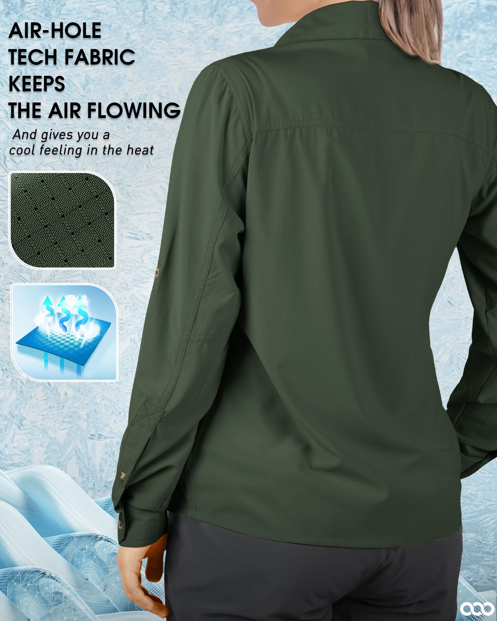 33,000ft Camicia da donna UPF50+, protezione UV, ad asciugatura rapida, per il tempo libero, a maniche lunghe, funzionale, per pesca, safari, viaggi, golf, verde scuro, L
