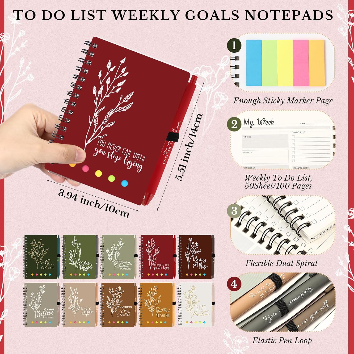 Dispowreath 20 Sets/40 Pcs Employee Appreciation Gifts Bulk A6 Inspirational Journal with Ballpoint Pen and Sticky Note Thank You Notebook for Staff Student Teacher Coworker(Christmas Color)