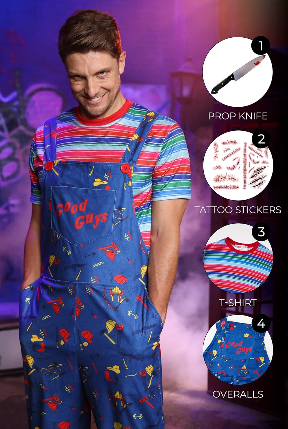 Arvilhill 4 Pcs Men's Killer Doll Costume Halloween Shirt Overalls Outfit with Prop Knife & Tattoo Stickers (S-3XL)