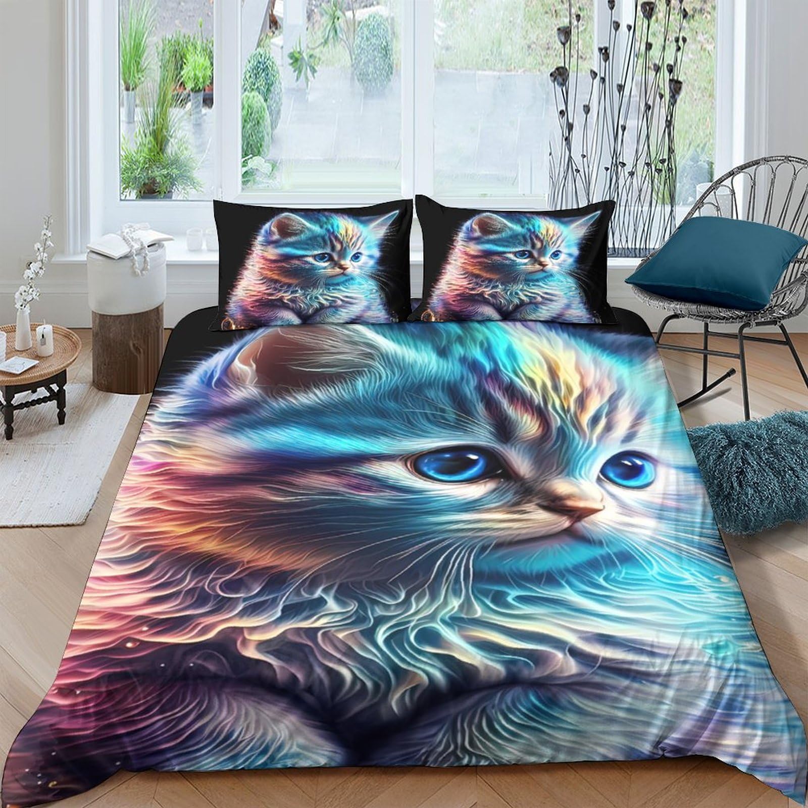 Ctjqhvkz Style-7 3D Printed Blue Cat Fitted Sheet Microfiber Soft Breathable Rainbow Kitten Mattress Cover For Bedroom Home Decor Single（135X200cm）