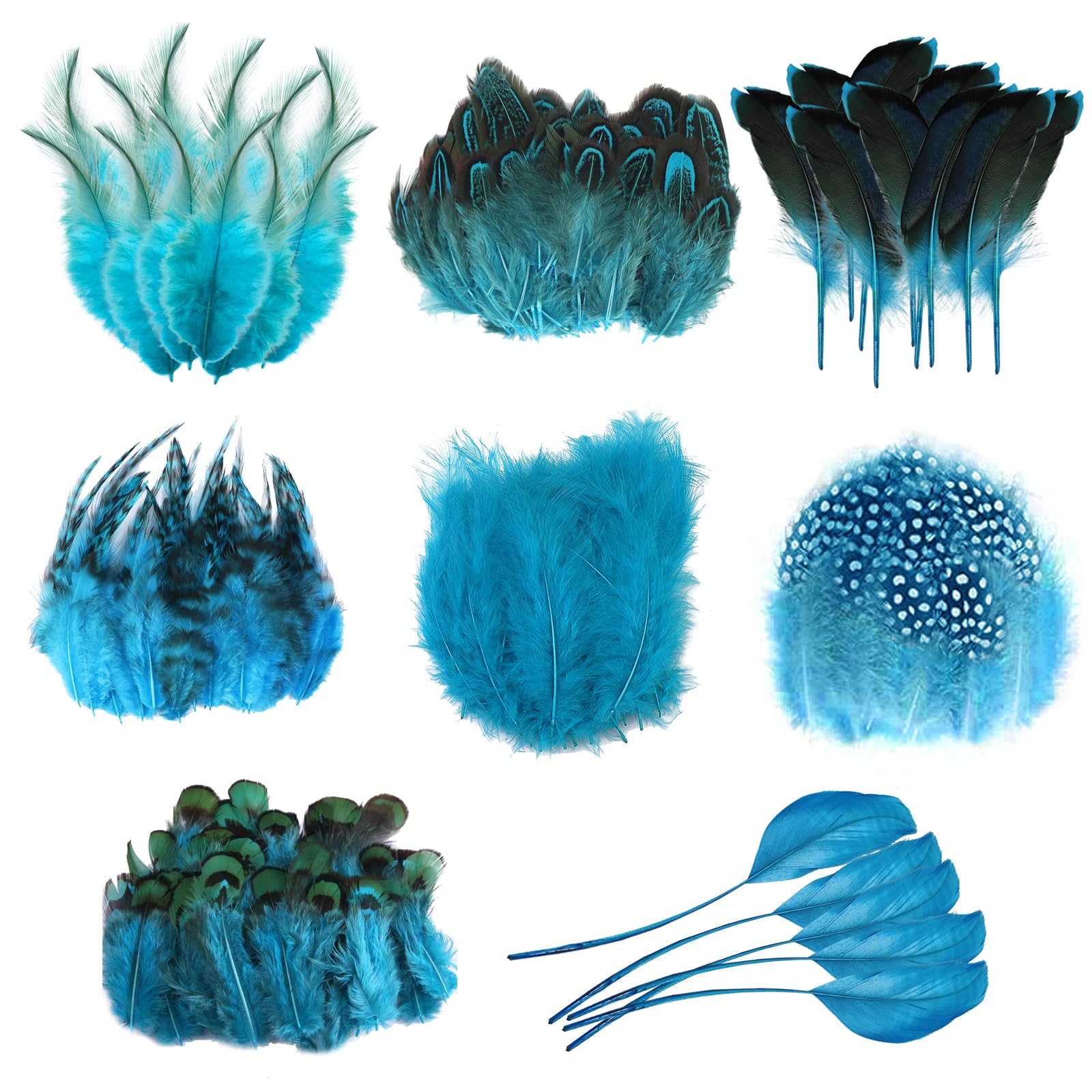 Molirex 160Pcs Blue Feathers for Crafts 8 Styles Pheasant Craft Feathers Goose Feathers for Crafting DIY Dream Catcher Hat Earrings Masks Wedding Home Party Decoration